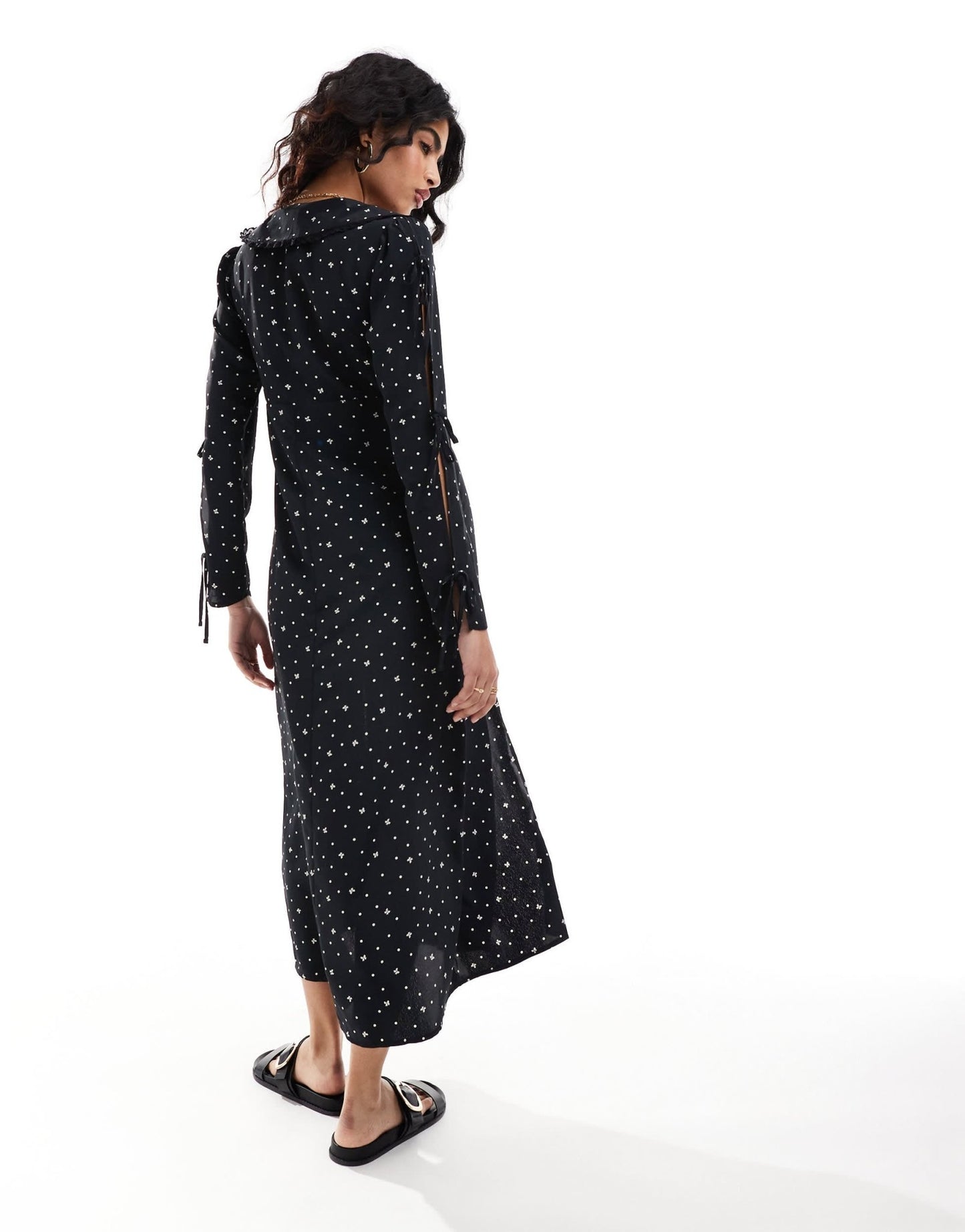 Miss Selfridge collar tie front bow sleeve maxi dress in polka dot bow print - ASOS Sample Sale EU Store