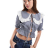 Blusa con cuello y nudo delantero Miss Selfridge en cuadros vichy monocromáticos