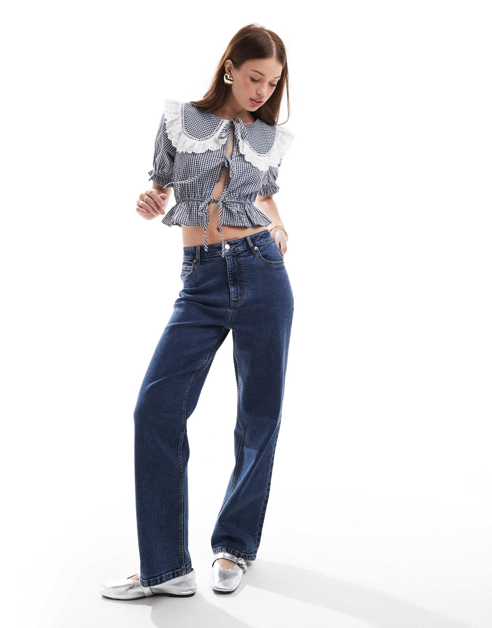 Miss Selfridge collared tie front blouse in mono gingham - ASOS Sample Sale EU Store