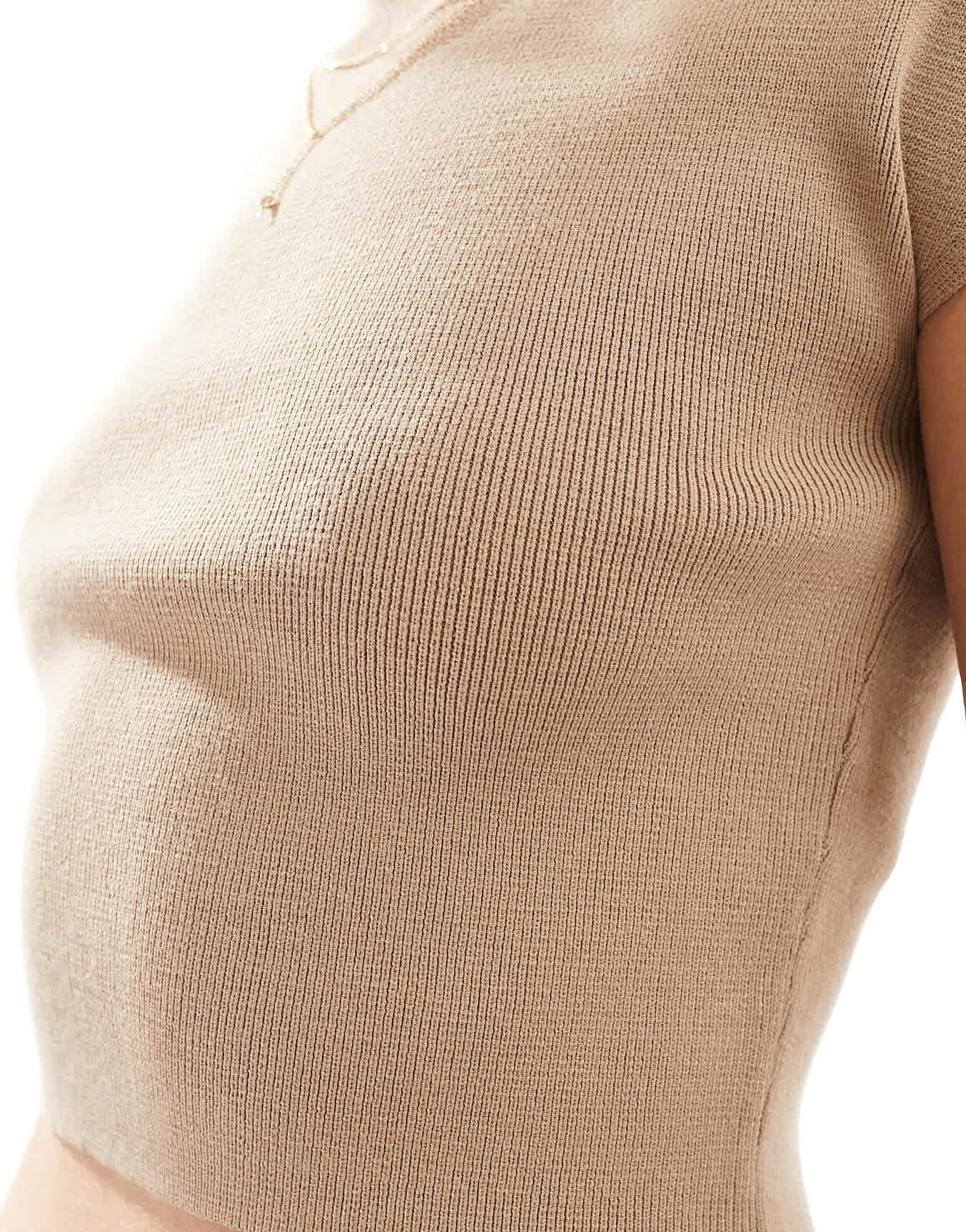 Miss Selfridge compact rib knit grown on sleeve tee in taupe - ASOS Sample Sale EU Store