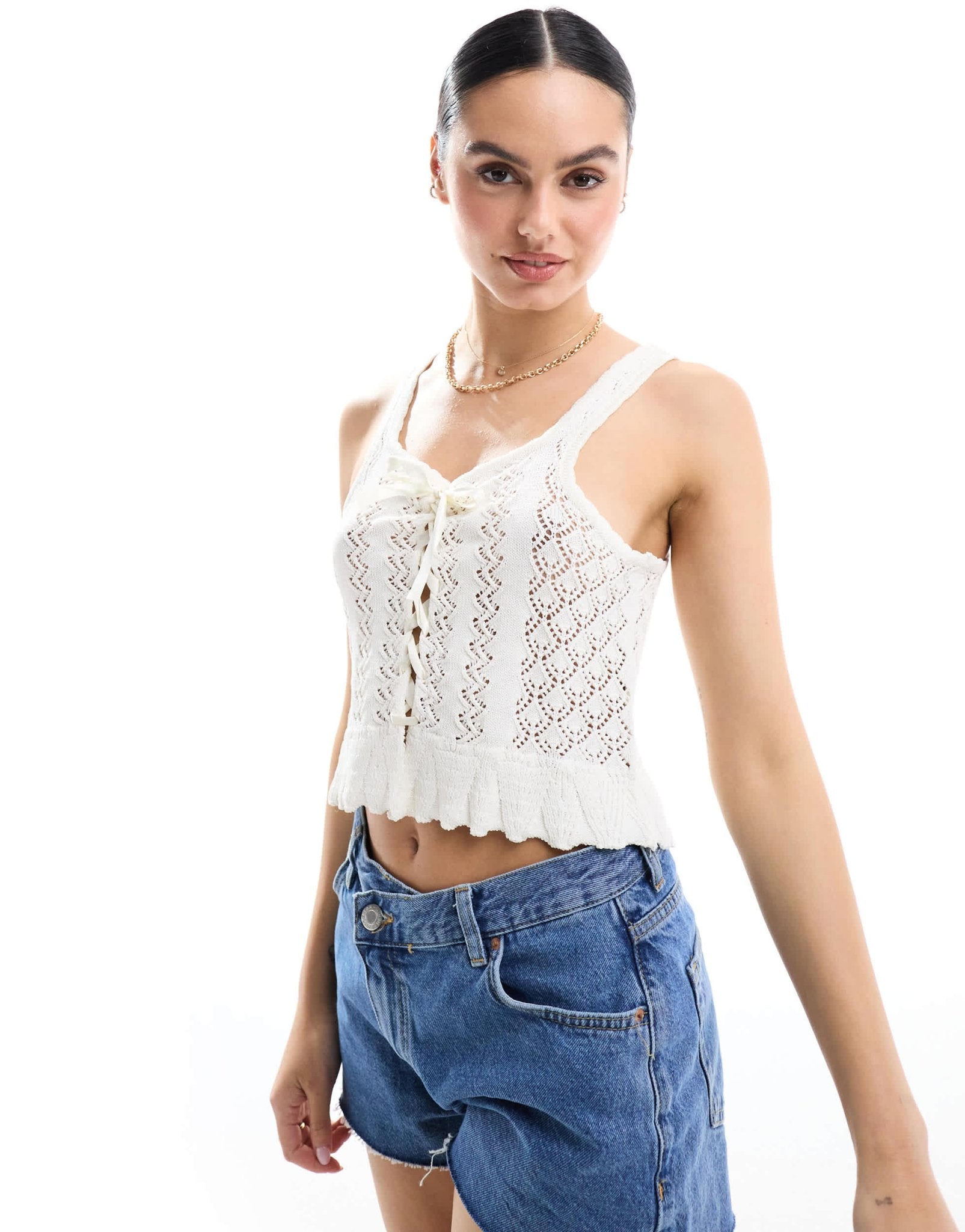 Miss Selfridge crochet contrast satin lace up bow cami in cream - ASOS Sample Sale EU Store