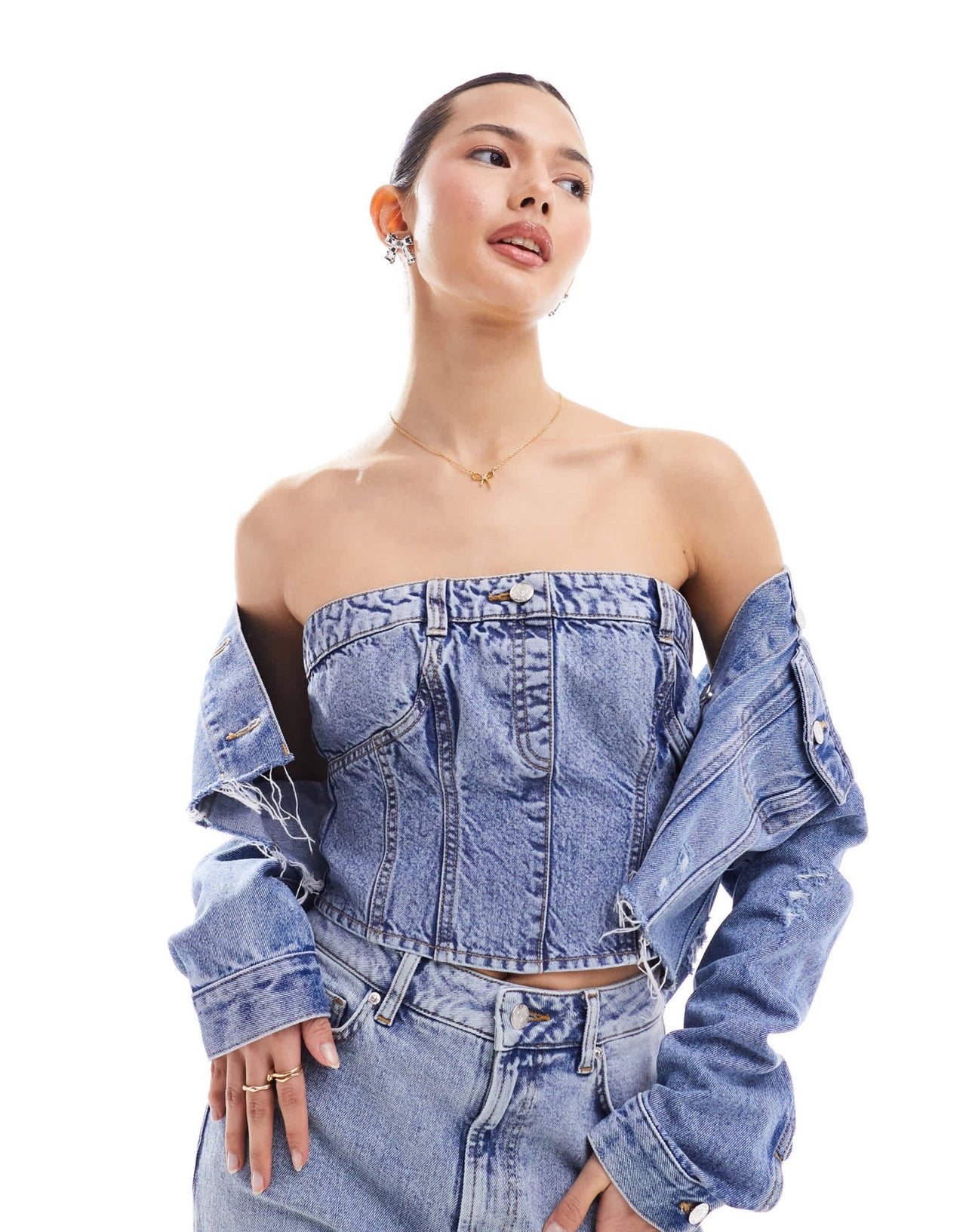 Miss Selfridge denim bandeau top in mid wash - ASOS Sample Sale EU Store