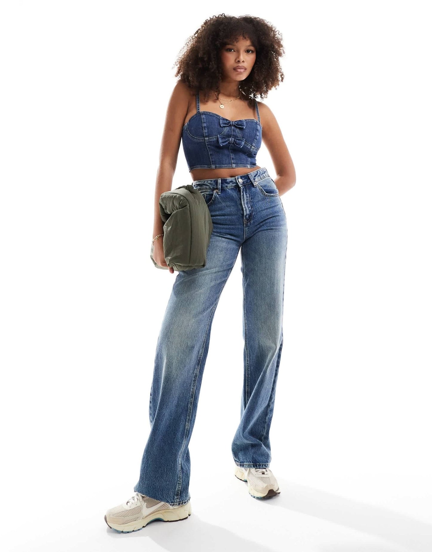 Miss selfridge denim bow cami top in mid wash blue - ASOS Sample Sale EU Store