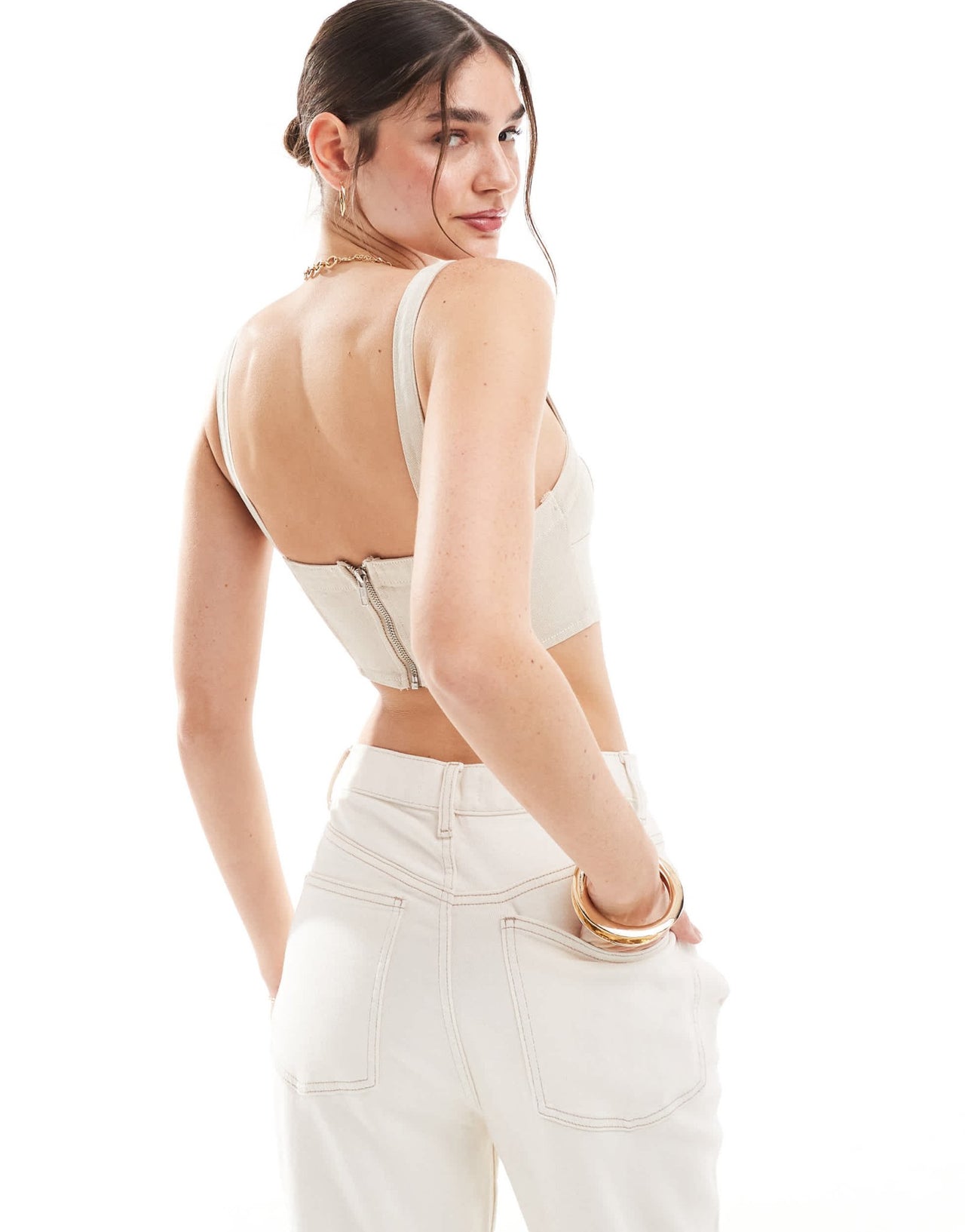 Miss Selfridge denim corset bralet top in stone - ASOS Sample Sale EU Store