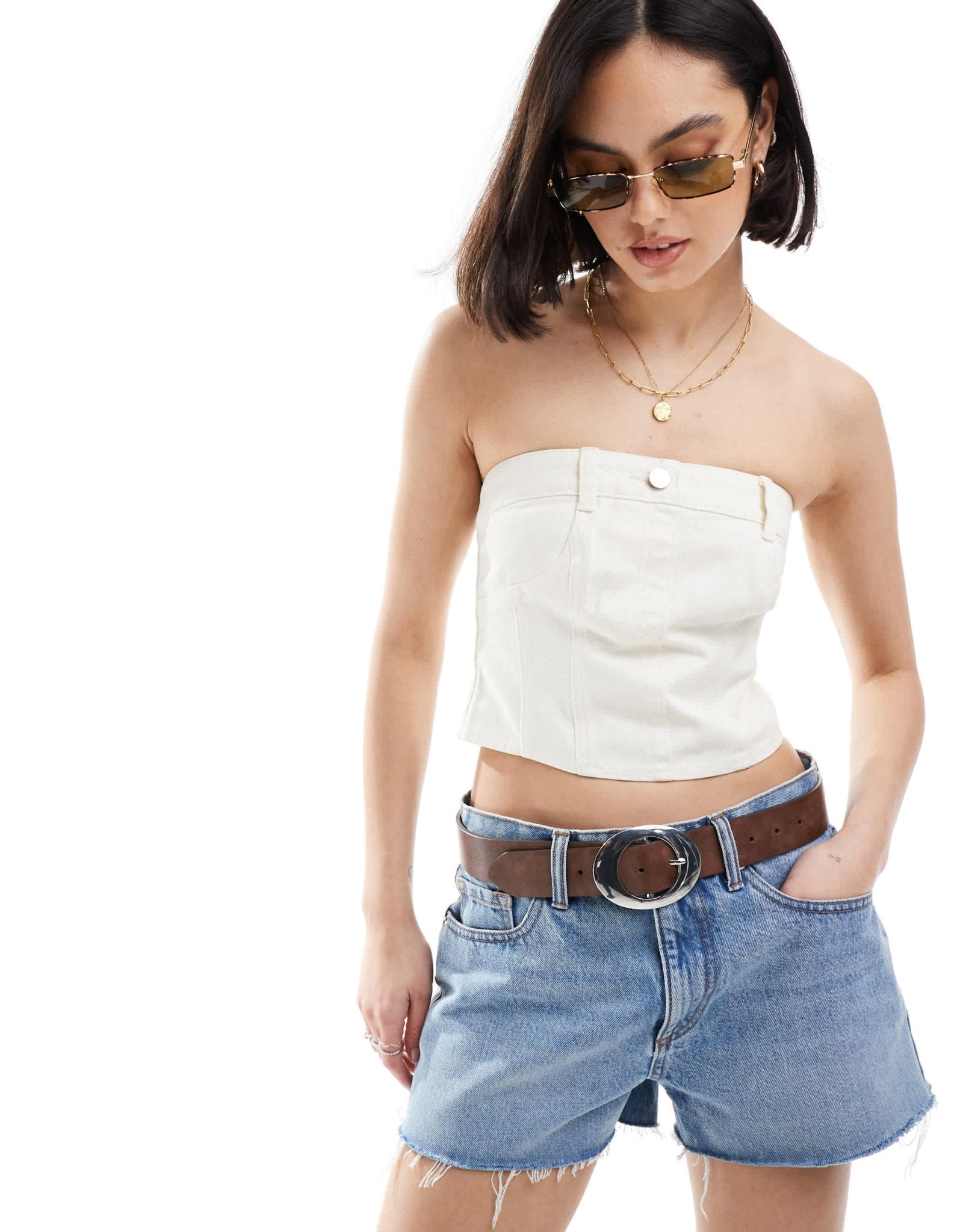 Miss Selfridge denim corset top in ecru - ASOS Sample Sale EU Store