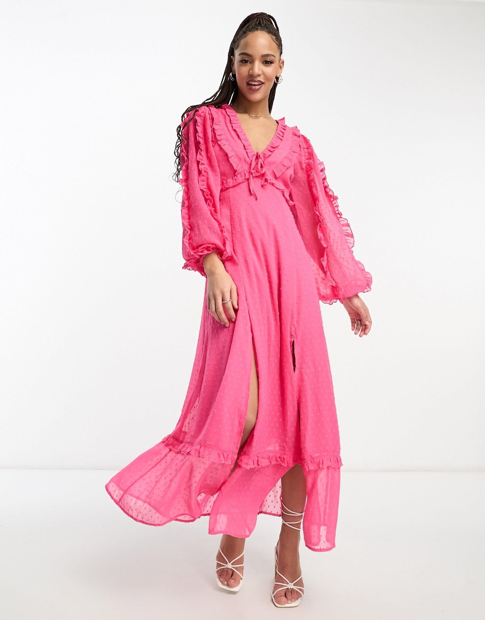 Miss Selfridge dobby chiffon frill detail maxi dress in hot pink - ASOS Sample Sale EU Store