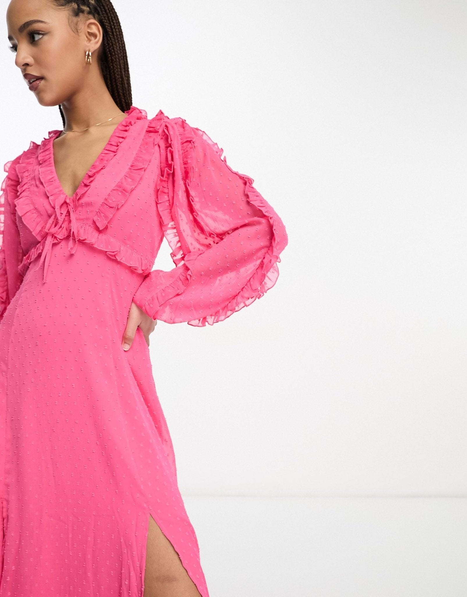 Miss Selfridge dobby chiffon frill detail maxi dress in hot pink - ASOS Sample Sale EU Store