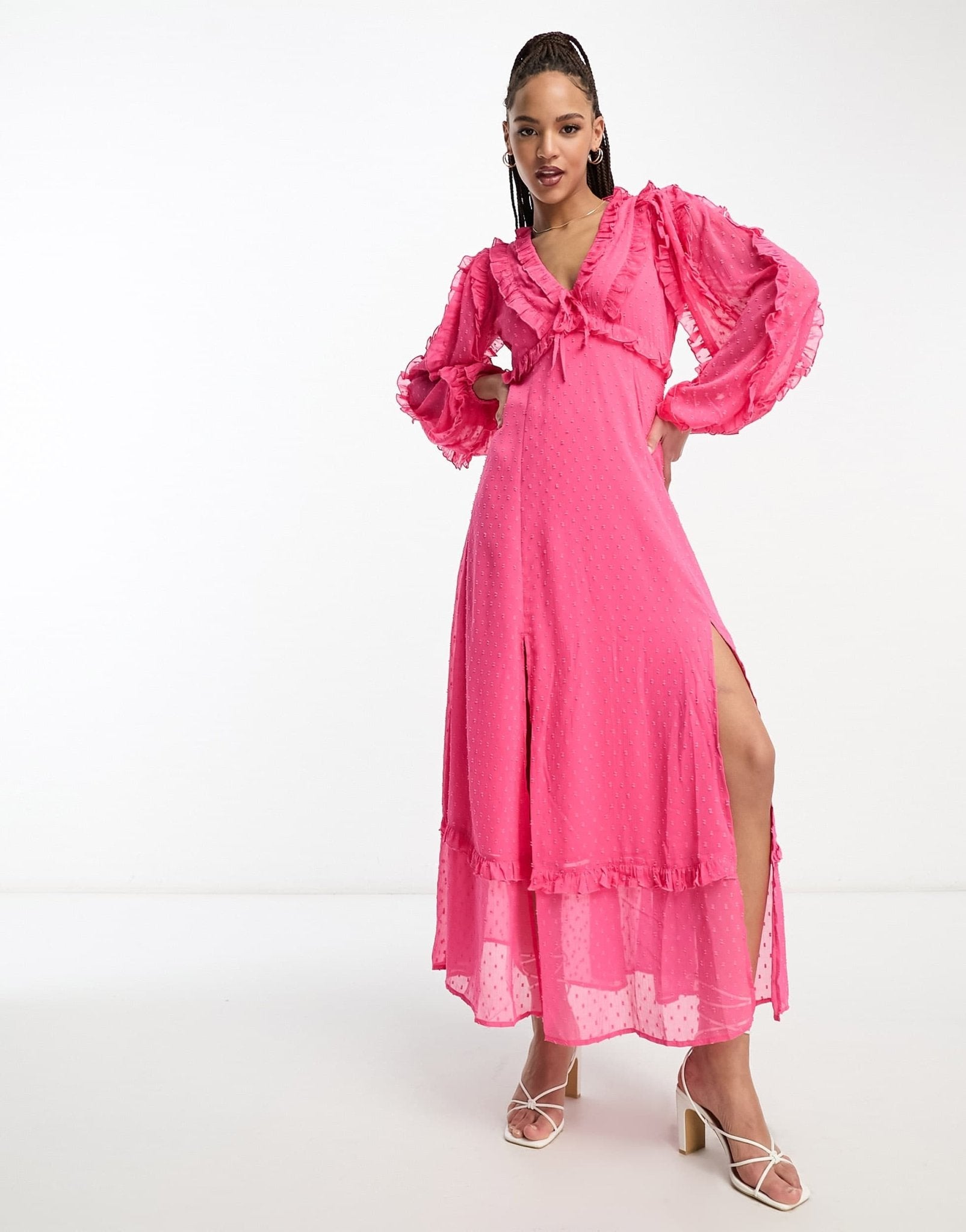 Miss Selfridge dobby chiffon frill detail maxi dress in hot pink - ASOS Sample Sale EU Store