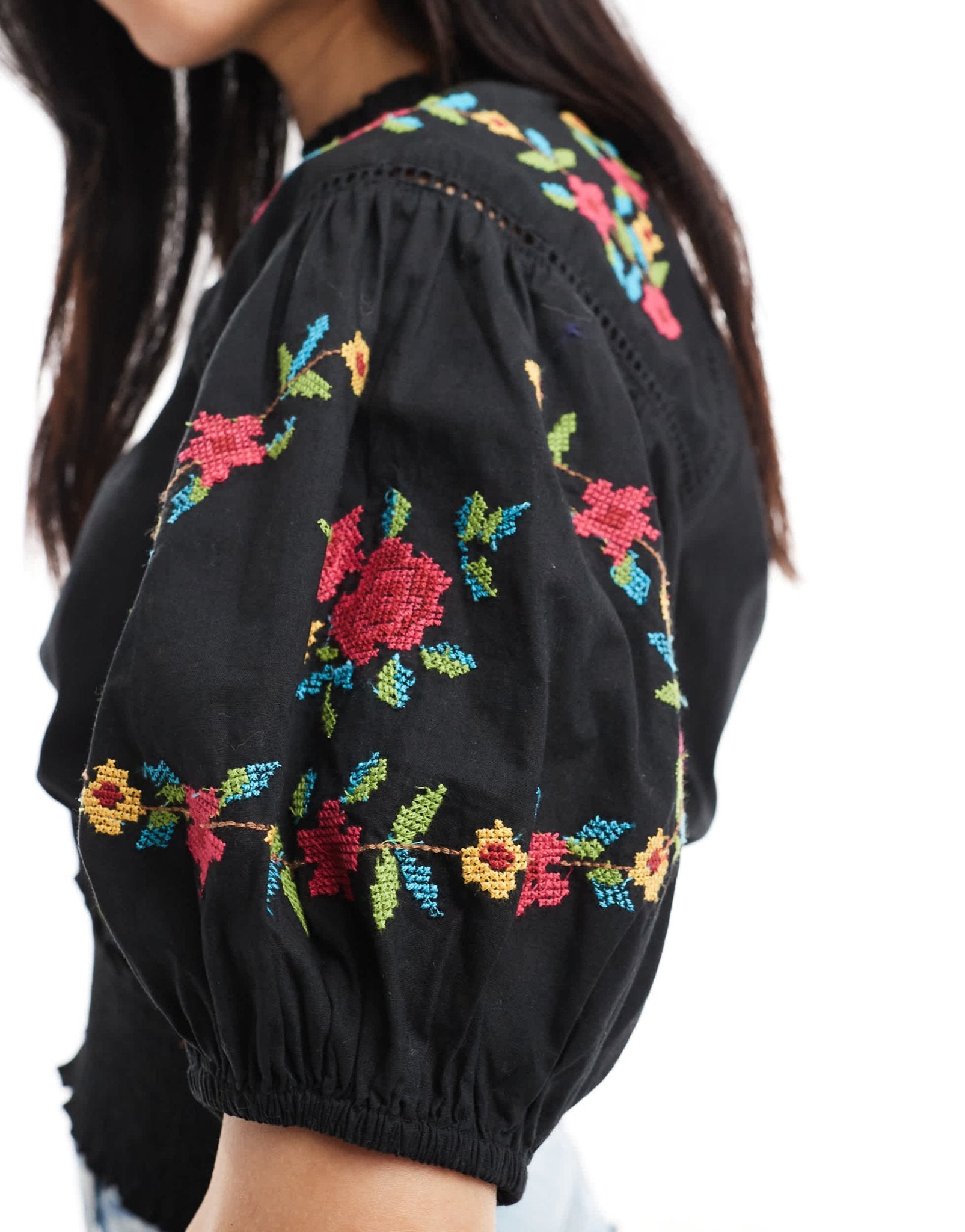 Miss Selfridge embroidered crop top in black - ASOS Sample Sale EU Store