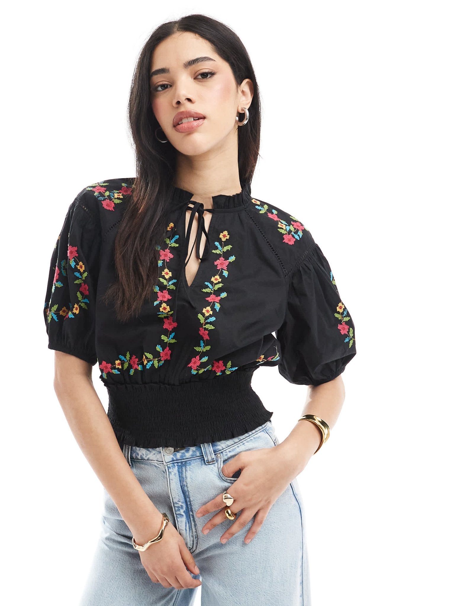 Miss Selfridge embroidered crop top in black - ASOS Sample Sale EU Store