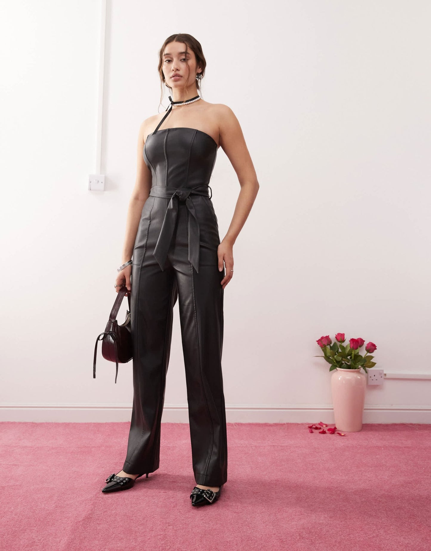 Miss Selfridge faux leather bandeau belted jumpsuit in black - ASOS Sample Sale EU Store