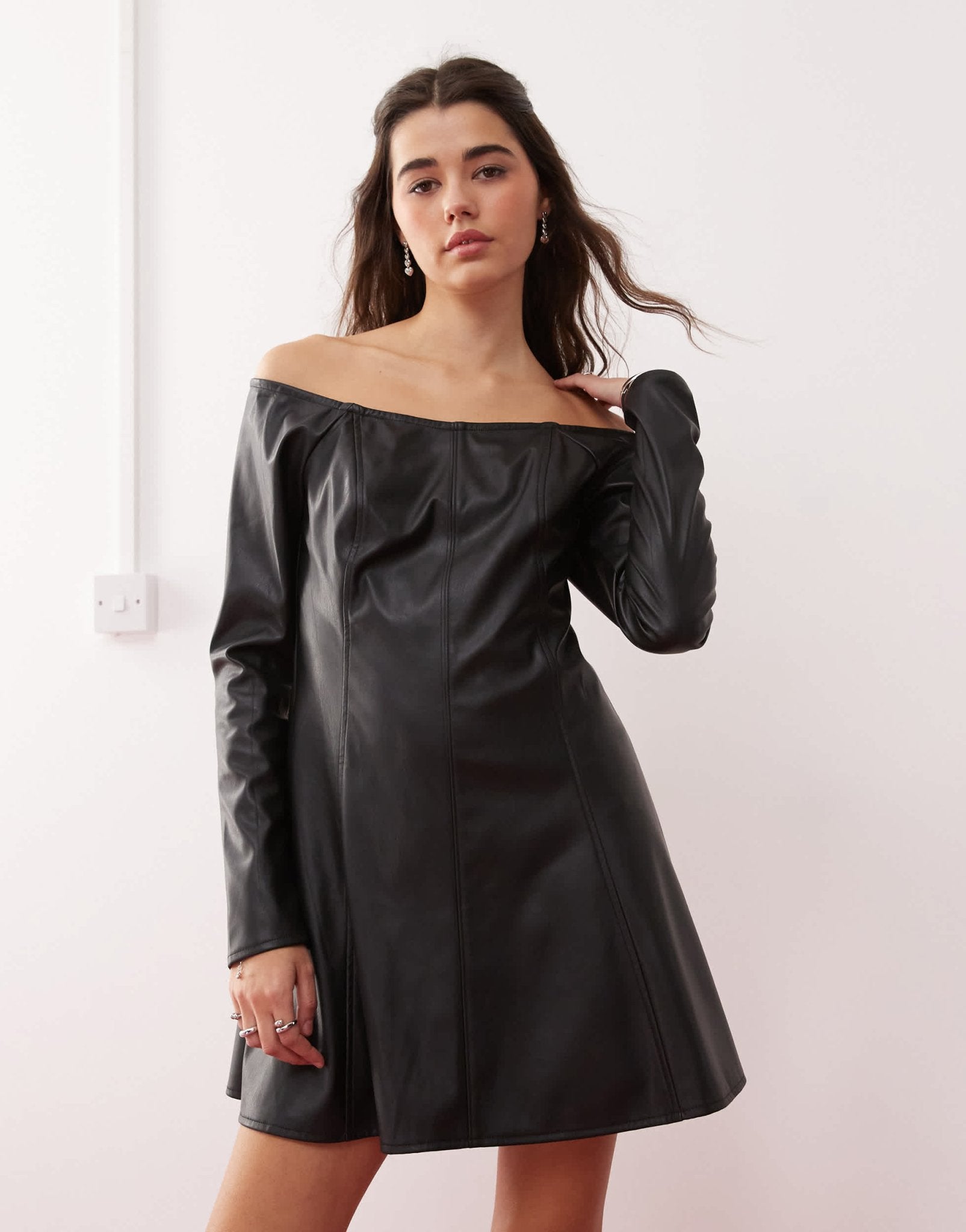Miss Selfridge faux leather bardot fit & flare mini dress - ASOS Sample Sale EU Store