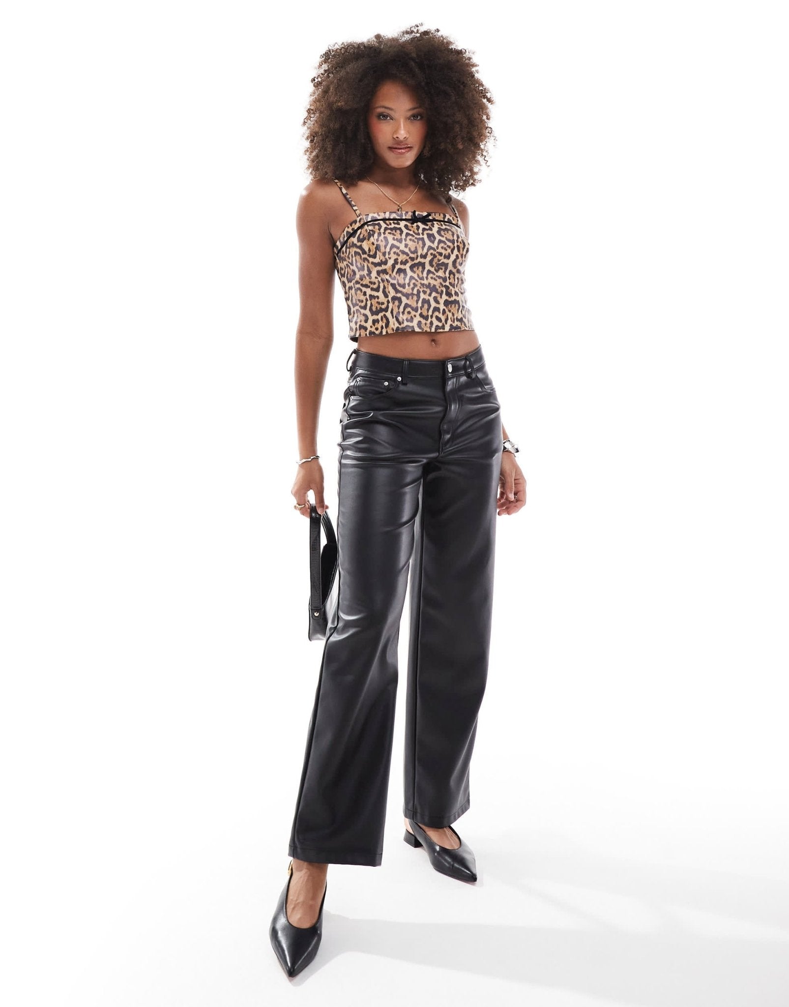 Miss Selfridge faux leather cami top with bow detail in leopard - ASOS Sample Sale EU Store