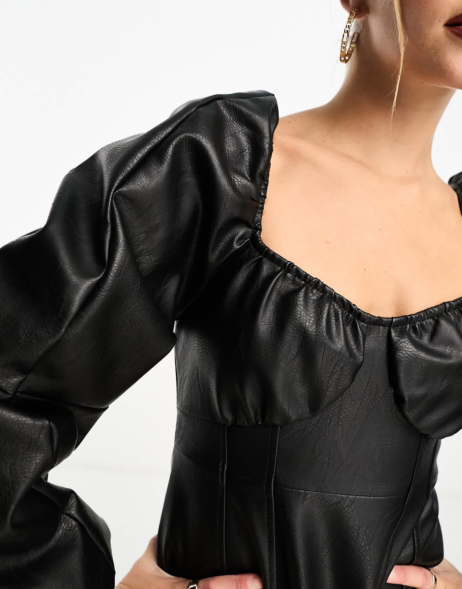 Miss Selfridge faux leather long sleeve corset dress with puff sleeve in black - ASOS Sample Sale EU Store