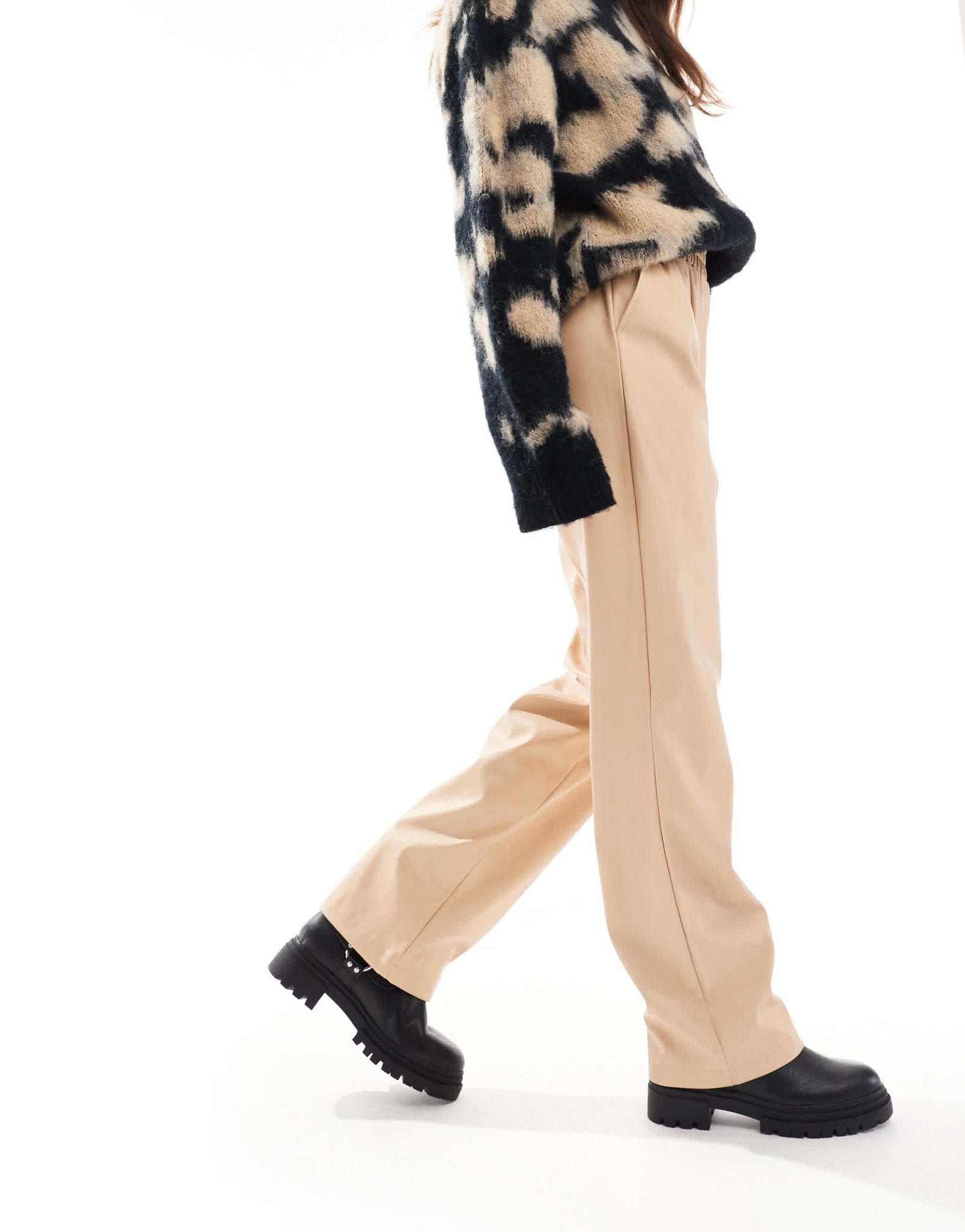 Miss Selfridge faux leather pull on straight leg trouser in neutral - ASOS Sample Sale EU Store