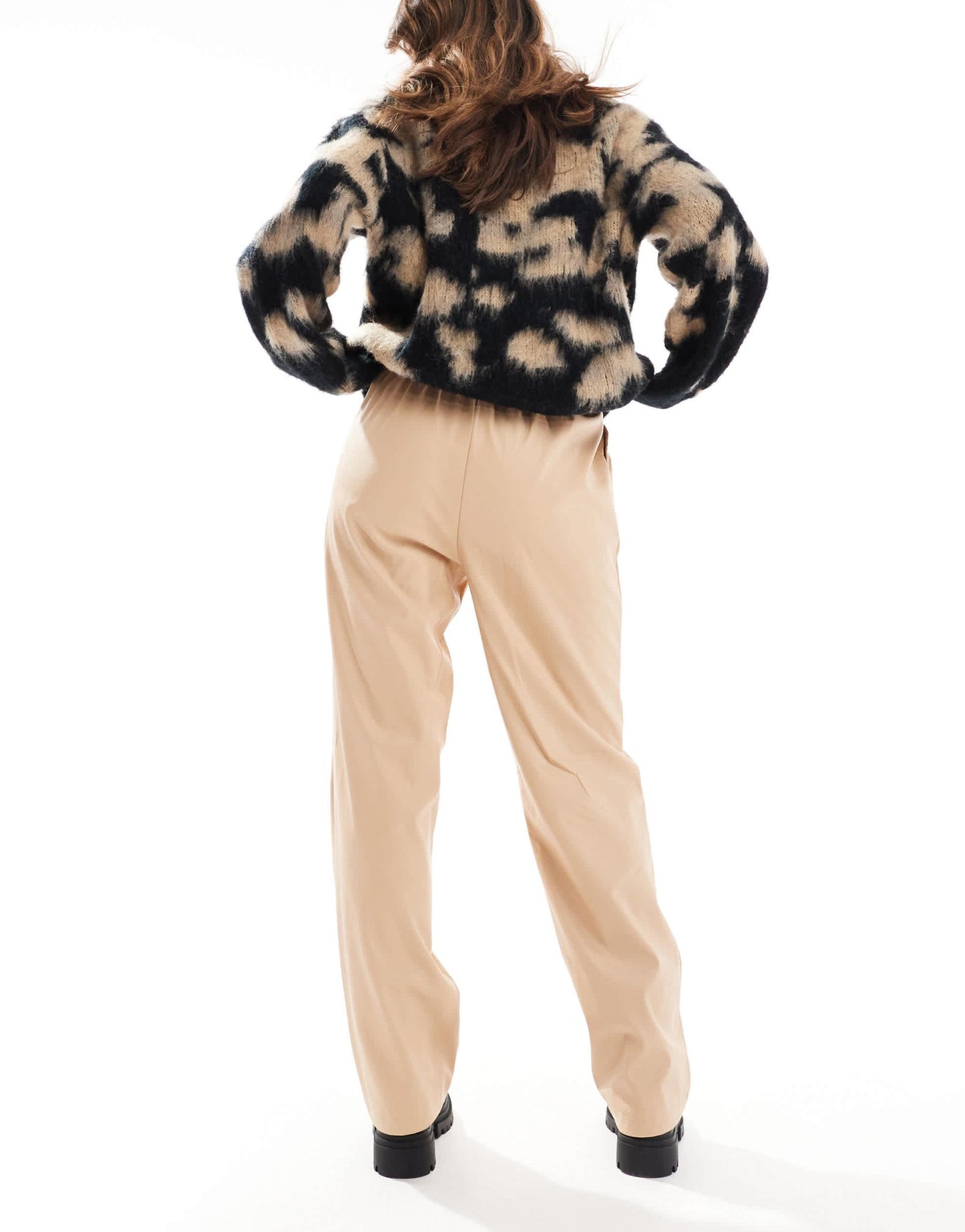 Miss Selfridge faux leather pull on straight leg trouser in neutral - ASOS Sample Sale EU Store