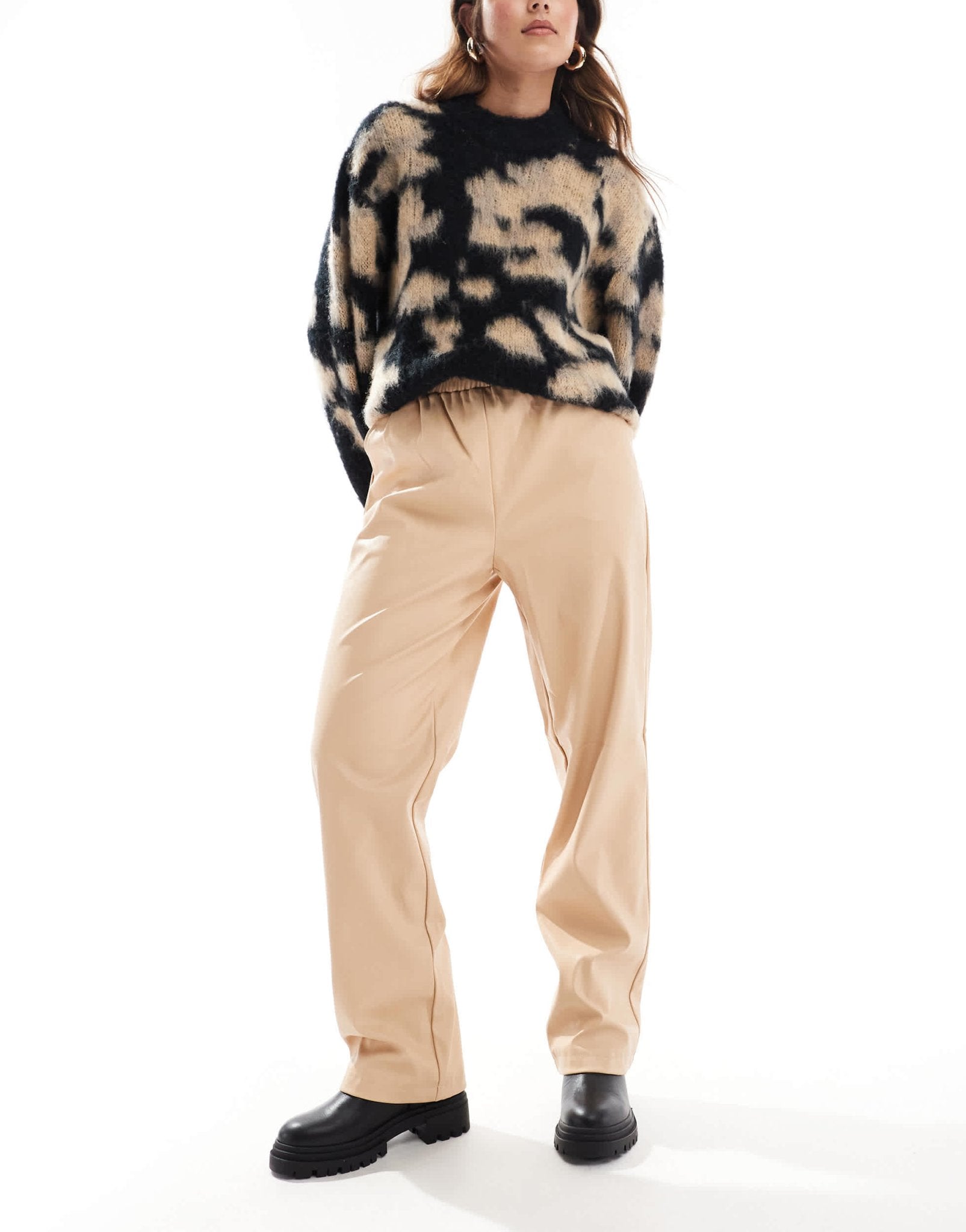Miss Selfridge faux leather pull on straight leg trouser in neutral - ASOS Sample Sale EU Store