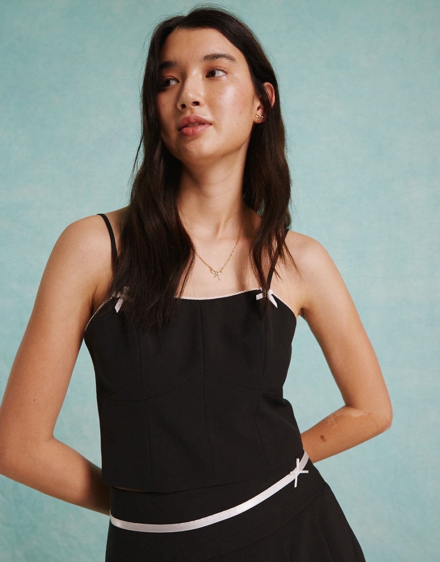 Miss Selfridge fitted bow detail corset top in black - ASOS Sample Sale EU Store