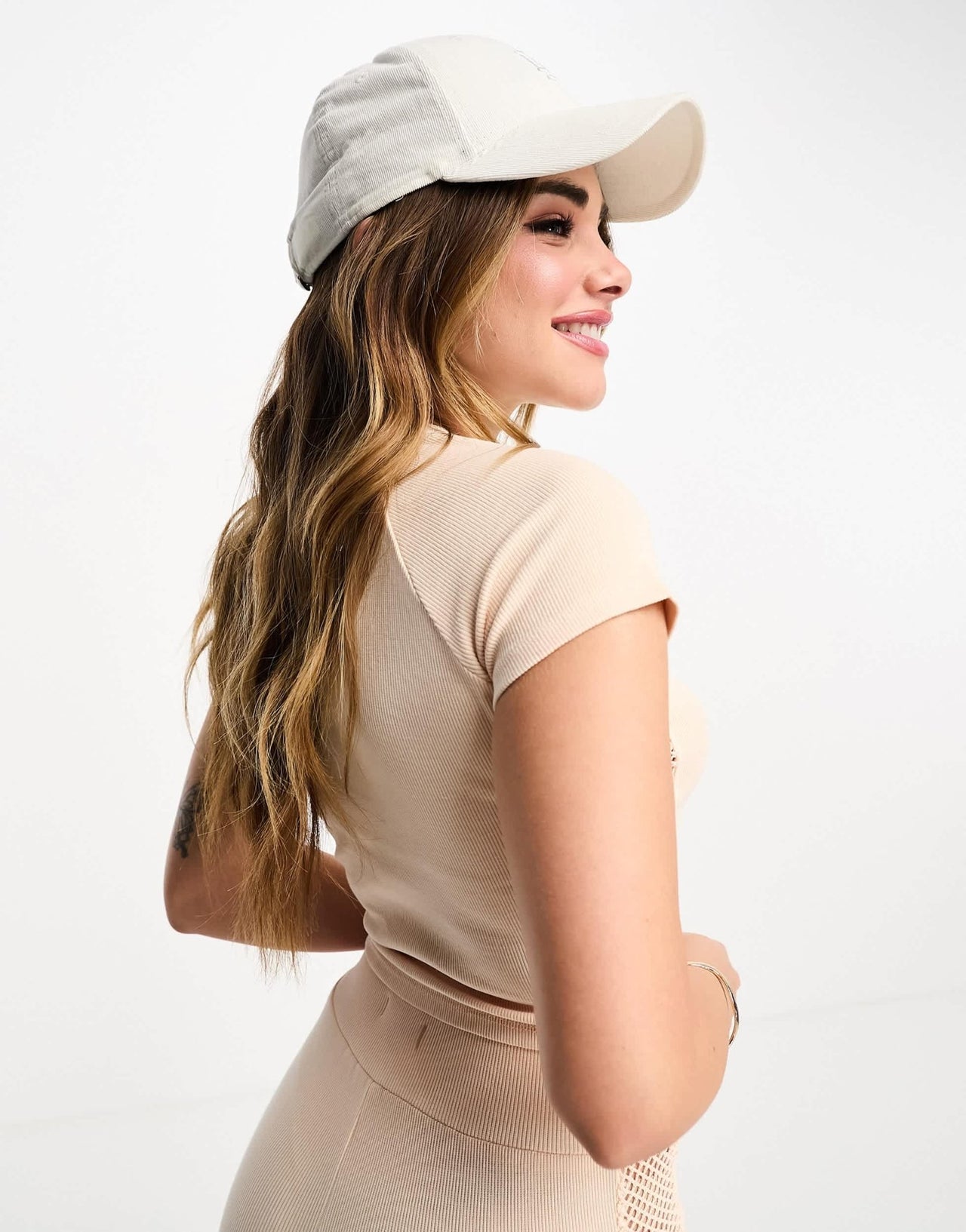 Miss Selfridge fitted t-shirt with fishnet panel co - ord in apricot - ASOS Sample Sale EU Store