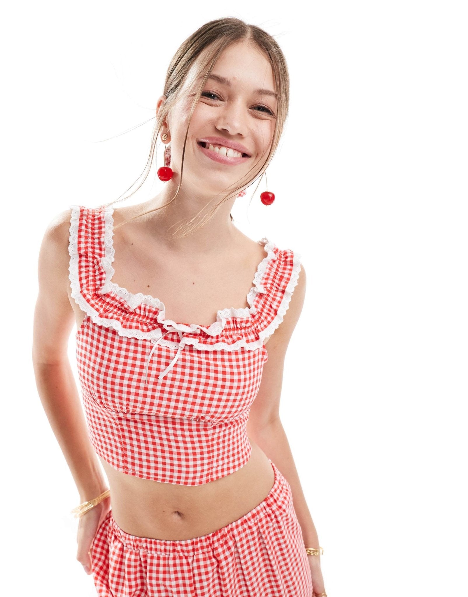Miss Selfridge gingham ruffle trim cami top co ord in red - ASOS Sample Sale EU Store