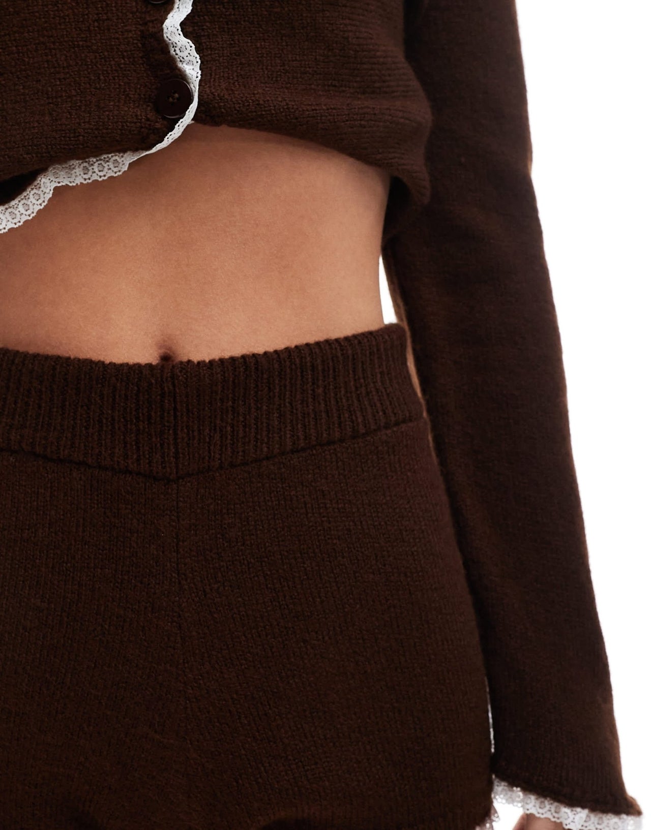 Miss Selfridge knitted lace trim booty short co ord in chocolate - ASOS Sample Sale EU Store