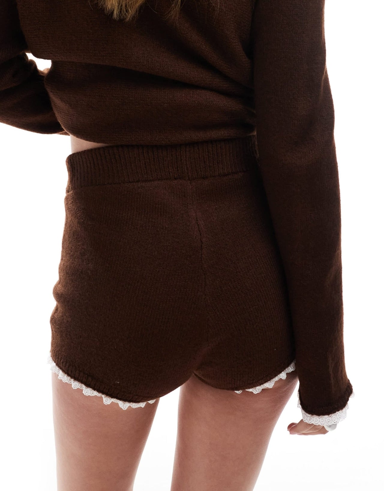Miss Selfridge knitted lace trim booty short co ord in chocolate - ASOS Sample Sale EU Store