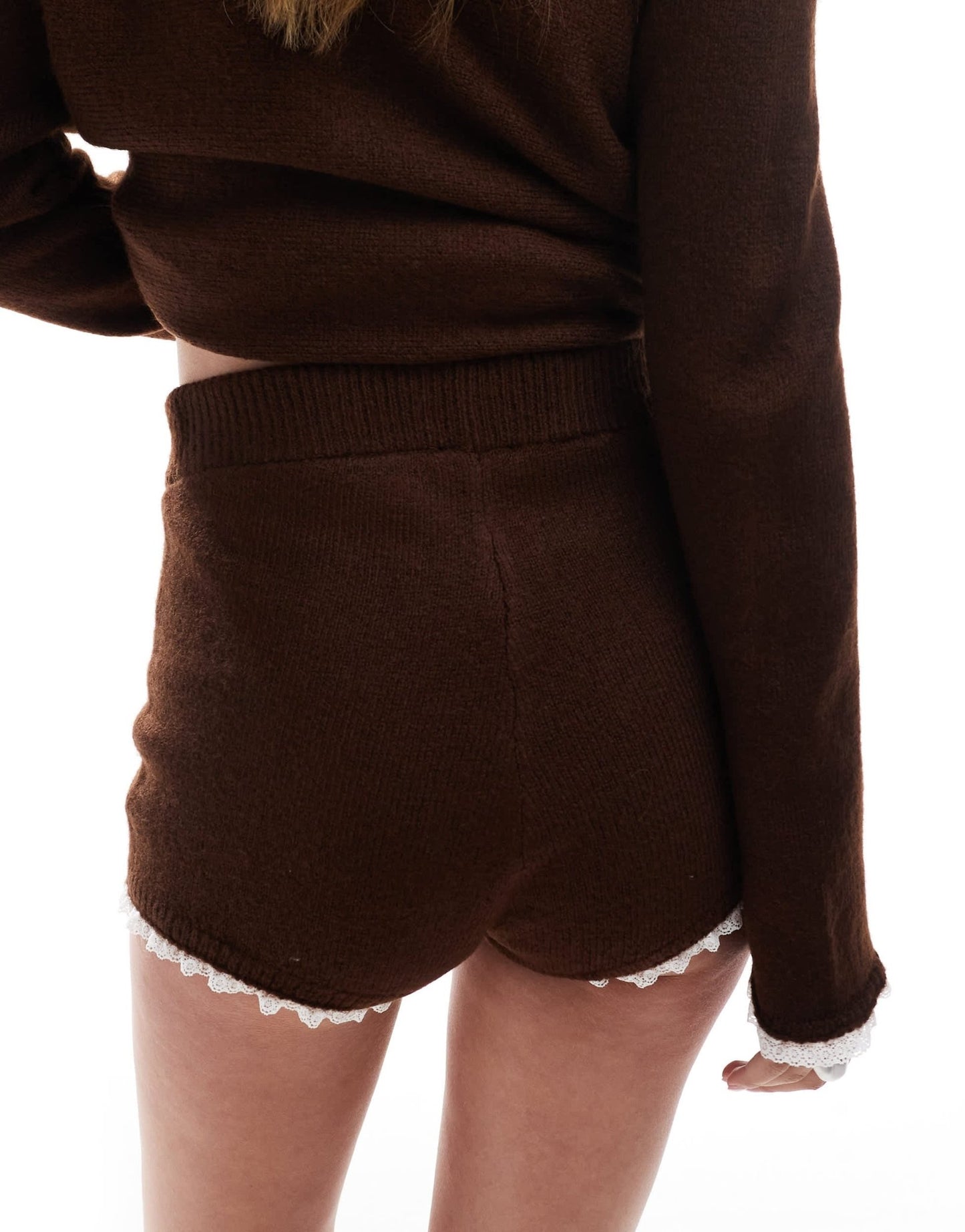 Miss Selfridge knitted lace trim booty short co ord in chocolate - ASOS Sample Sale EU Store
