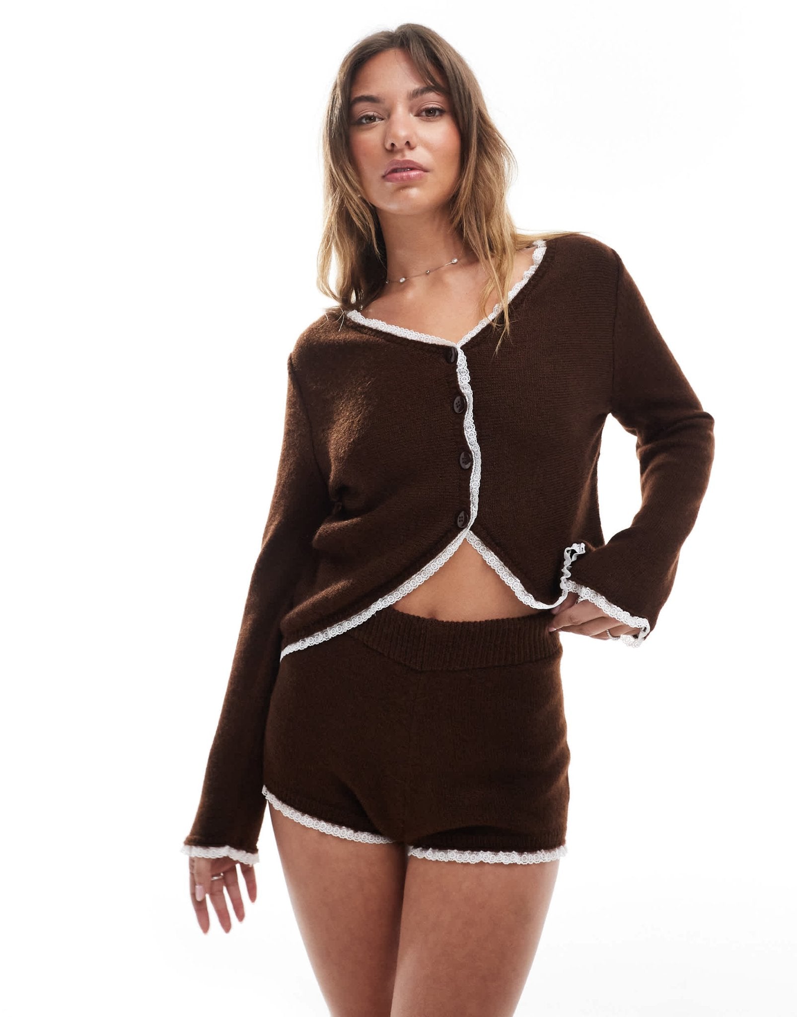 Miss Selfridge knitted lace trim booty short co ord in chocolate - ASOS Sample Sale EU Store
