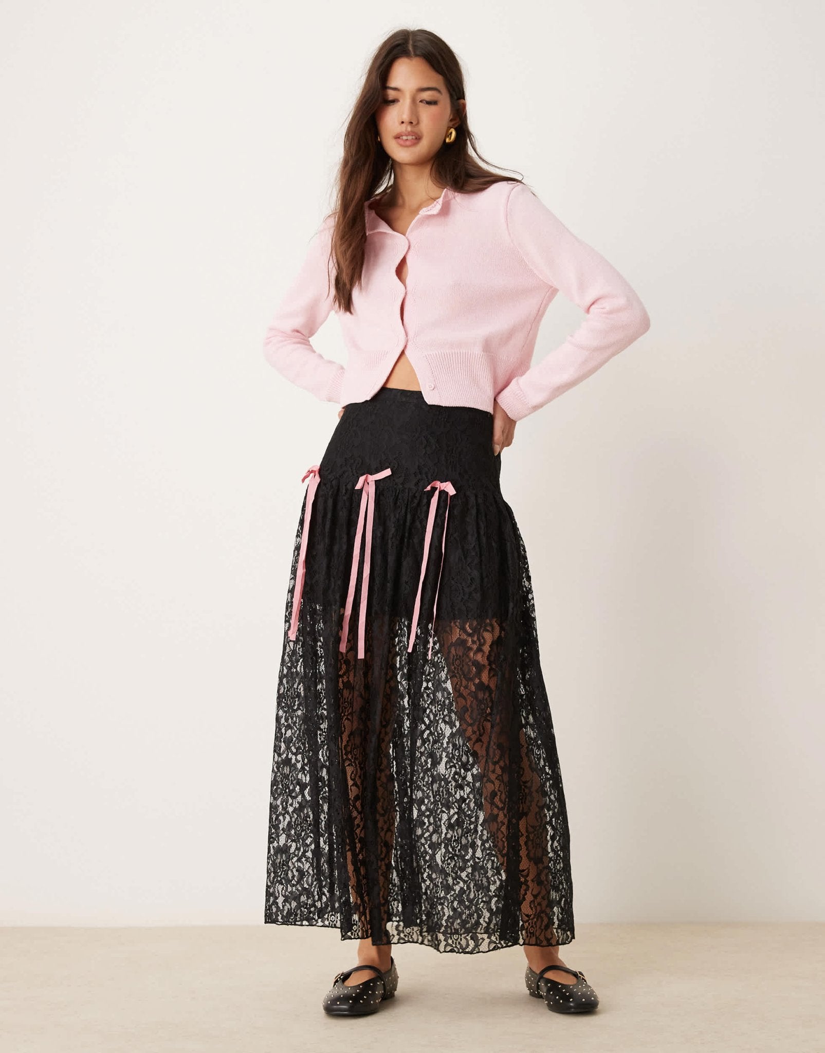 Miss Selfridge lace bow detail tiered maxi skirt in black - ASOS Sample Sale EU Store