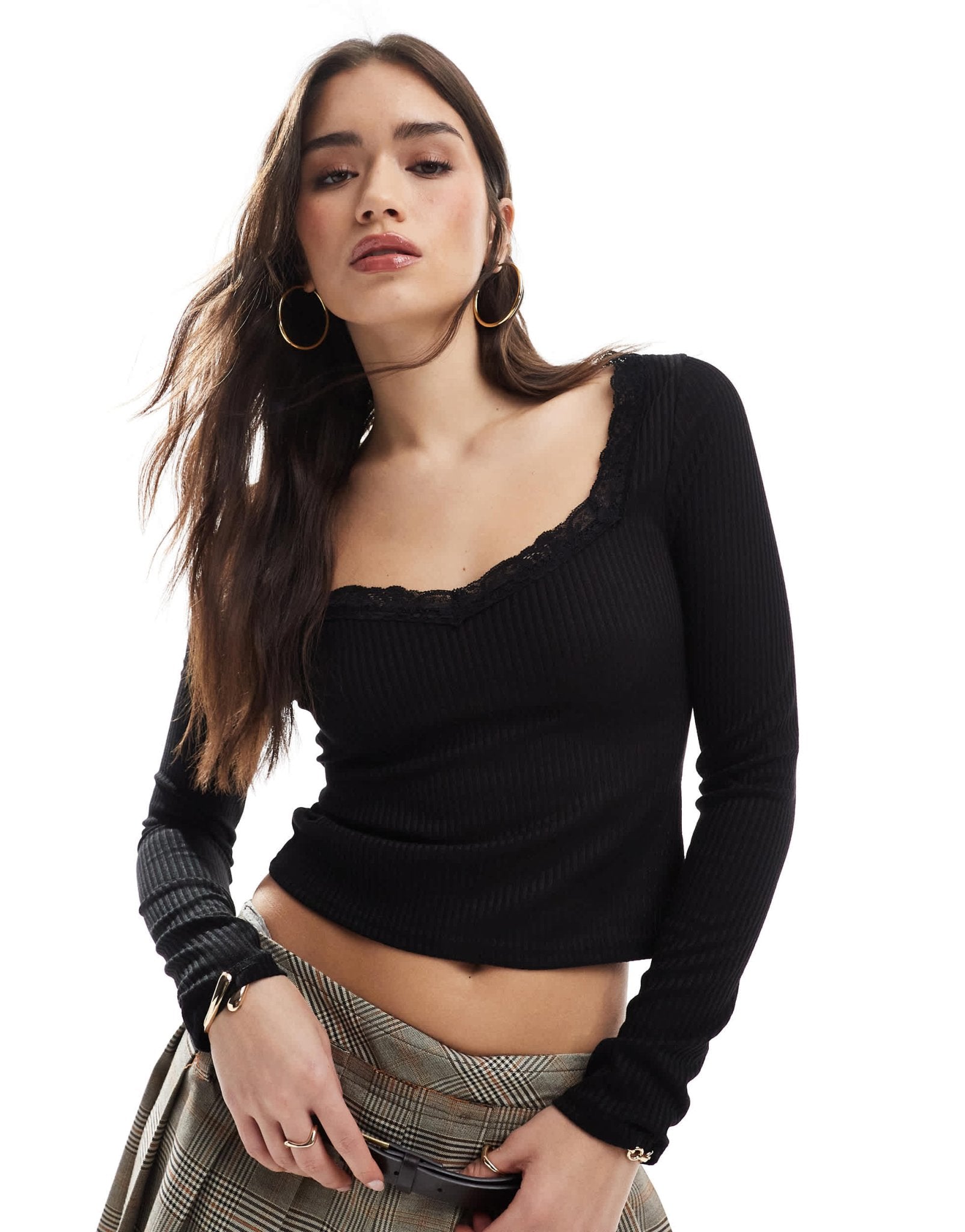 Miss Selfridge lace trim ribbed long sleeve top - ASOS Sample Sale EU Store