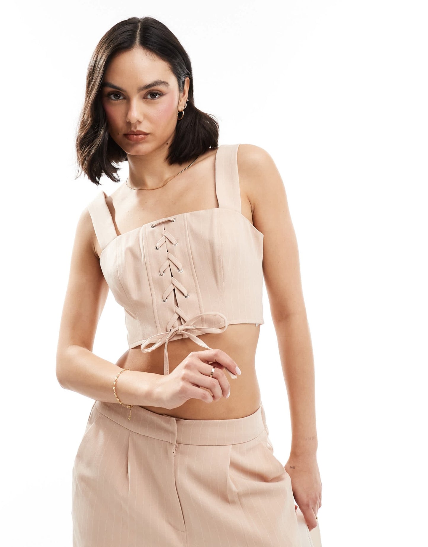 Miss Selfridge lace up corset crop top co ord in pink pinstripe - ASOS Sample Sale EU Store