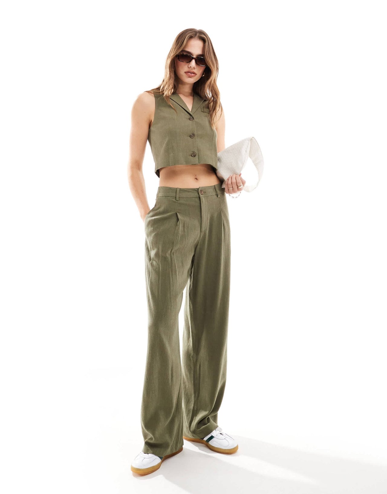 Miss Selfridge linen blend button through waistcoat in khaki - ASOS Sample Sale EU Store