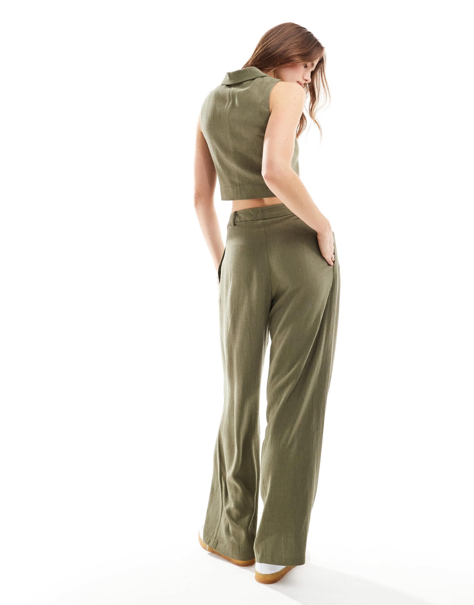 Miss Selfridge linen blend tailored wide leg trouser in khaki - ASOS Sample Sale EU Store