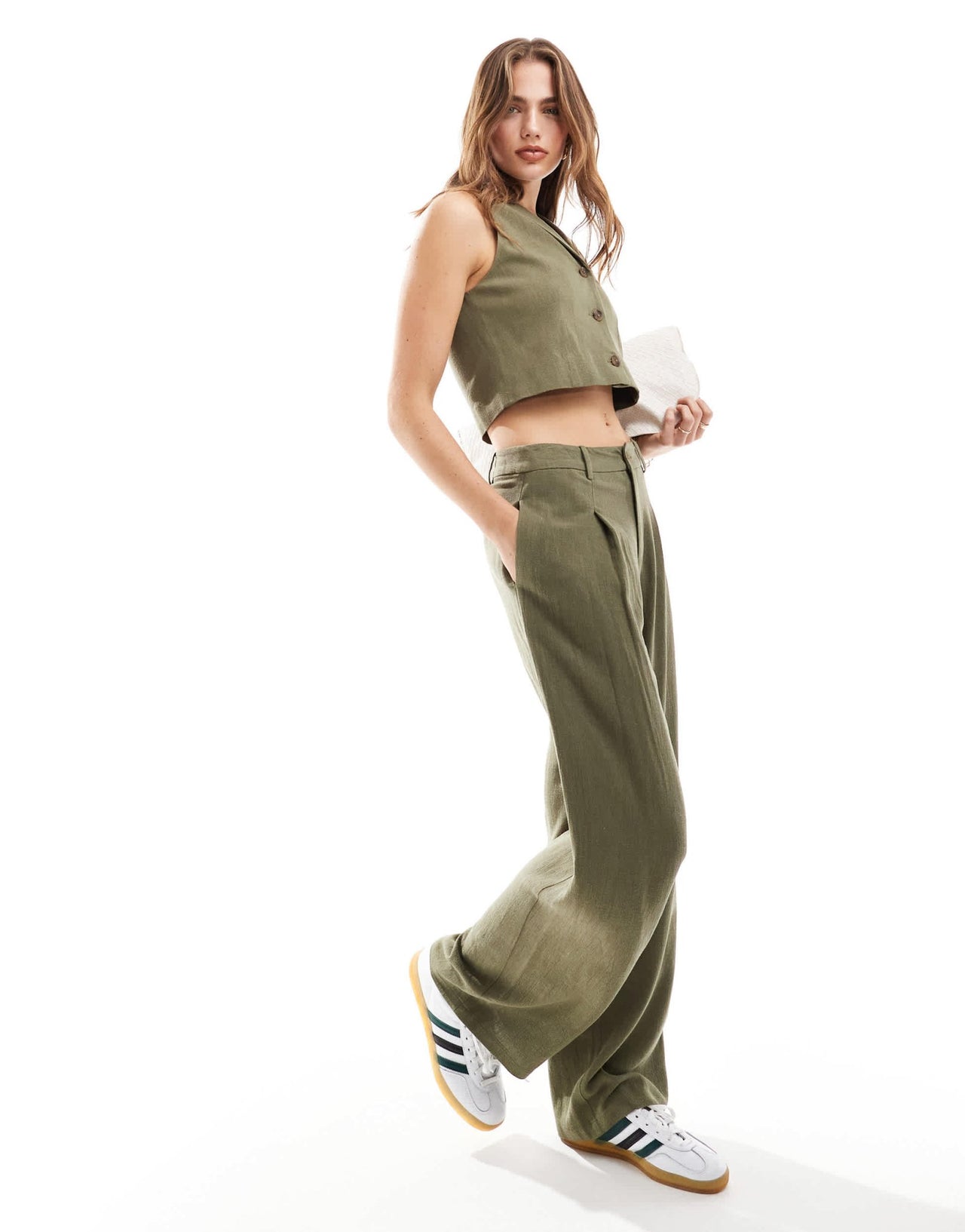Miss Selfridge linen blend tailored wide leg trouser in khaki - ASOS Sample Sale EU Store
