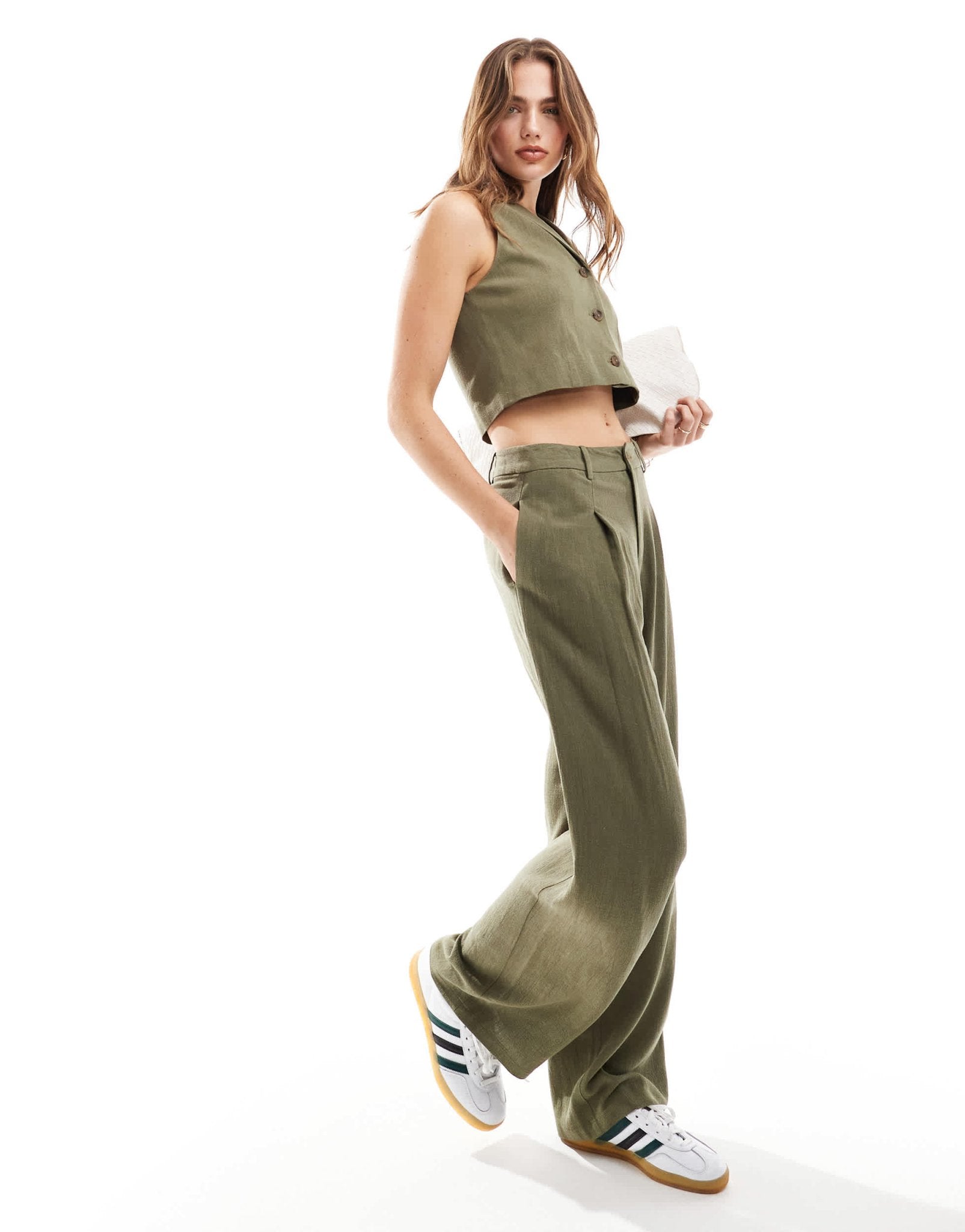 Miss Selfridge linen blend tailored wide leg trouser in khaki - ASOS Sample Sale EU Store