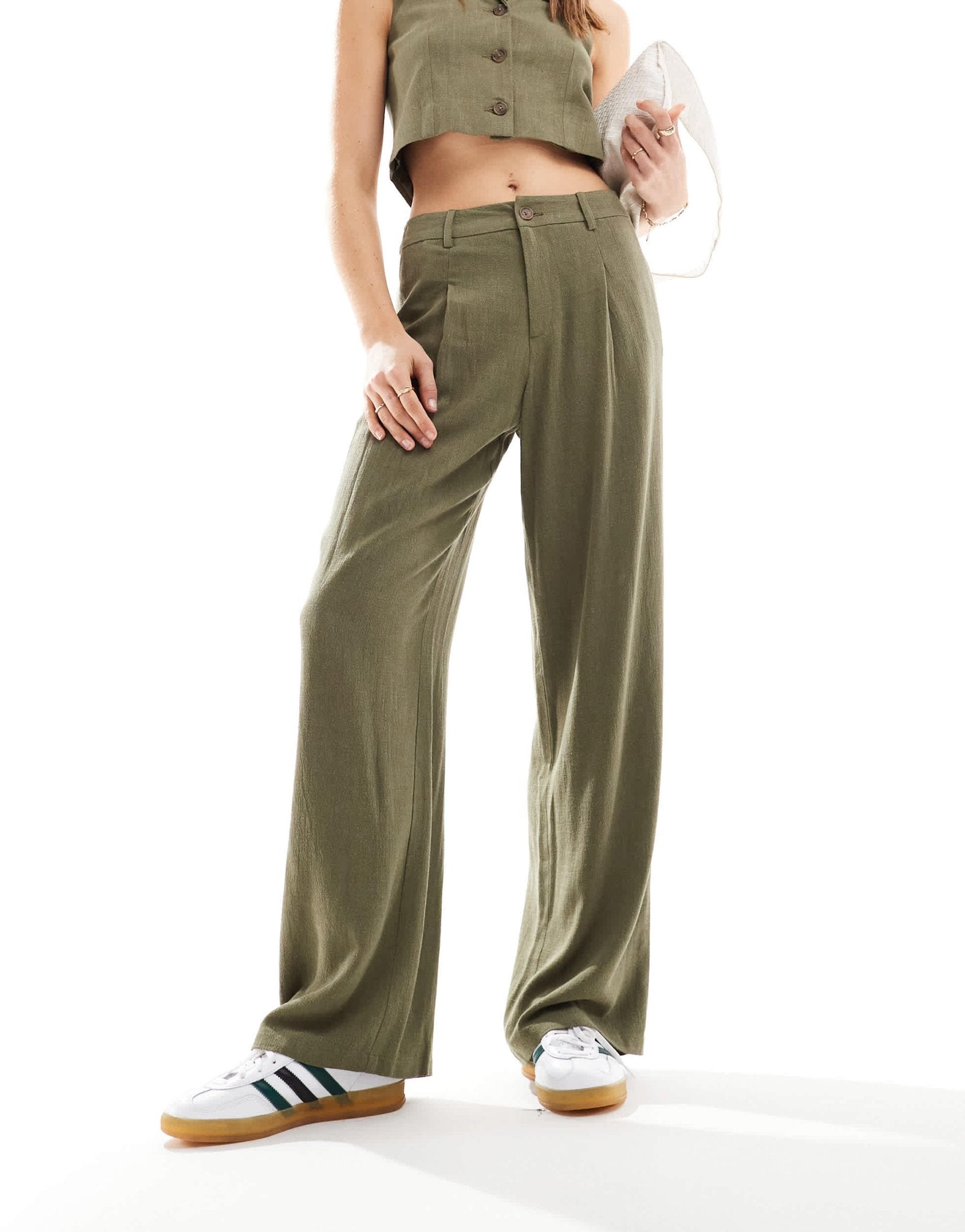 Miss Selfridge linen blend tailored wide leg trouser in khaki - ASOS Sample Sale EU Store