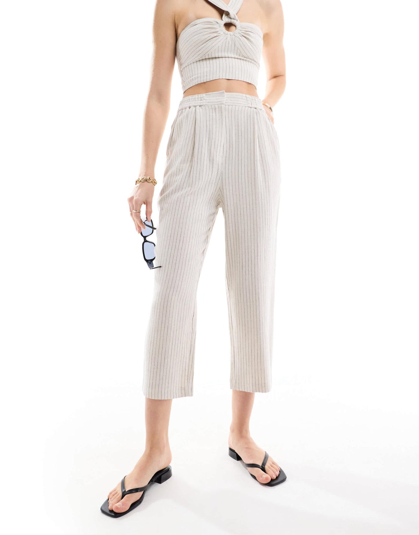 Miss Selfridge linen stripe pull on tapered trouser in natural - ASOS Sample Sale EU Store