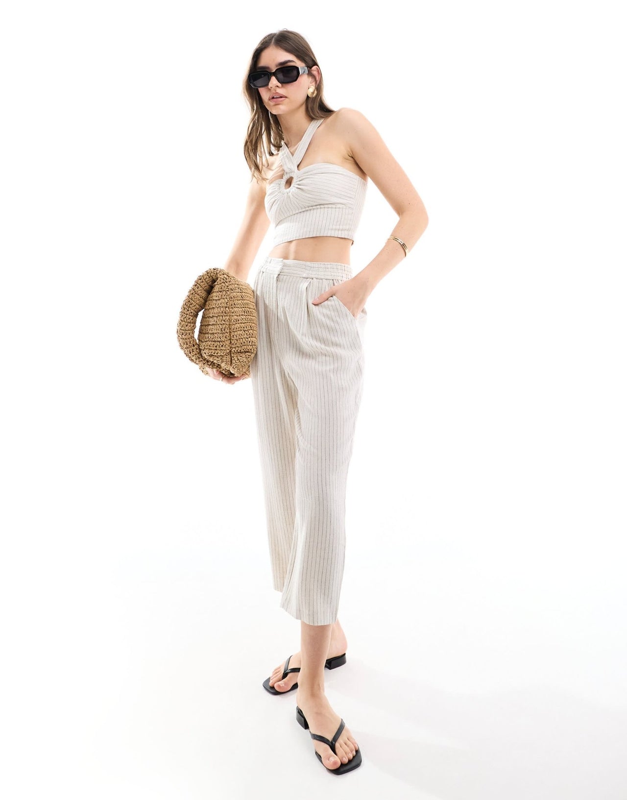 Miss Selfridge linen stripe pull on tapered trouser in natural - ASOS Sample Sale EU Store