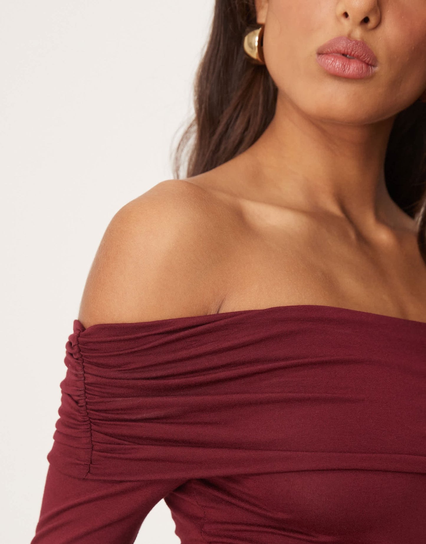 Miss Selfridge long sleeve bardot bodysuit in burgundy - ASOS Sample Sale EU Store