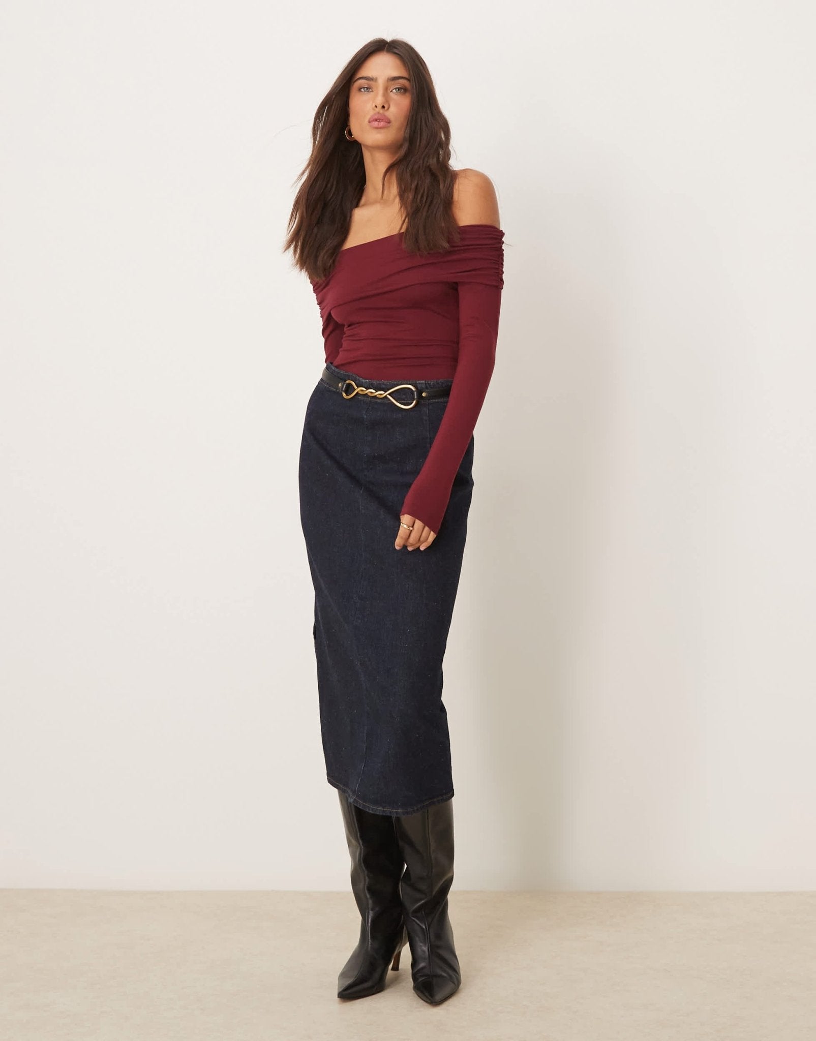 Miss Selfridge long sleeve bardot bodysuit in burgundy - ASOS Sample Sale EU Store