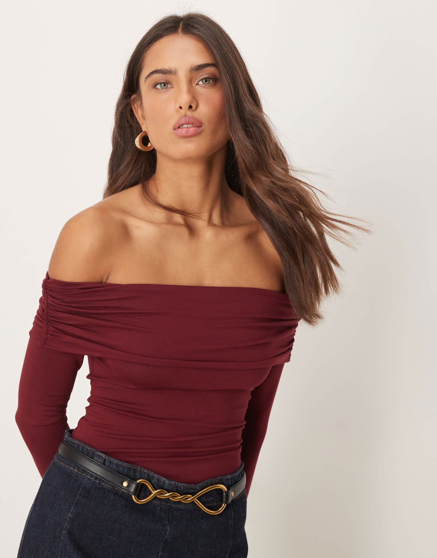 Miss Selfridge long sleeve bardot bodysuit in burgundy - ASOS Sample Sale EU Store