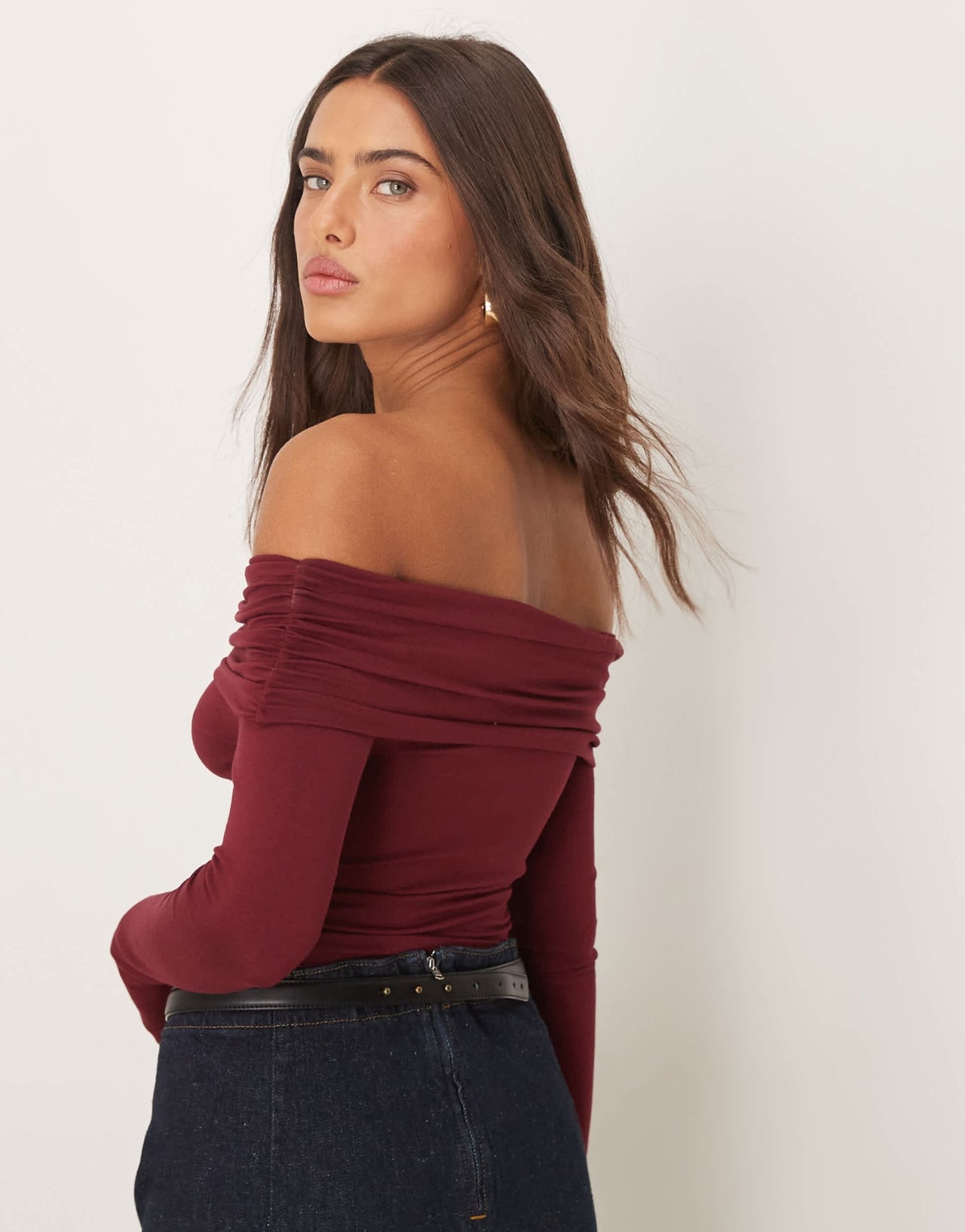 Miss Selfridge long sleeve bardot bodysuit in burgundy - ASOS Sample Sale EU Store