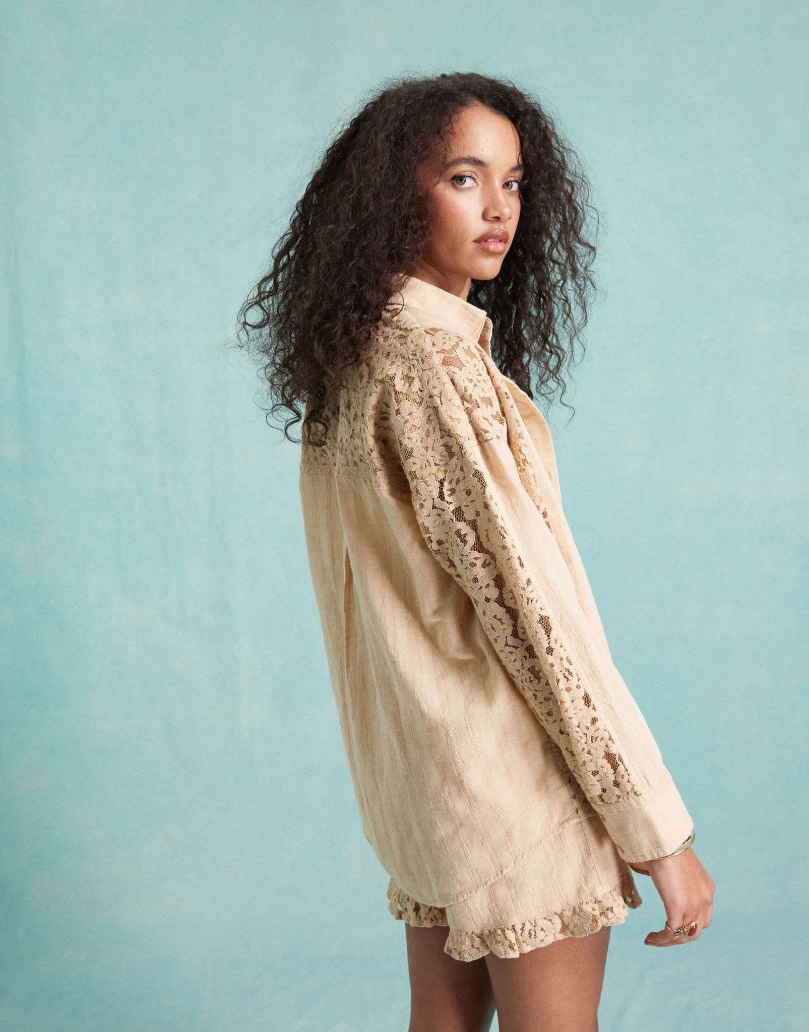 Miss Selfridge oversized lace mix shirt in beige co ord – ASOS