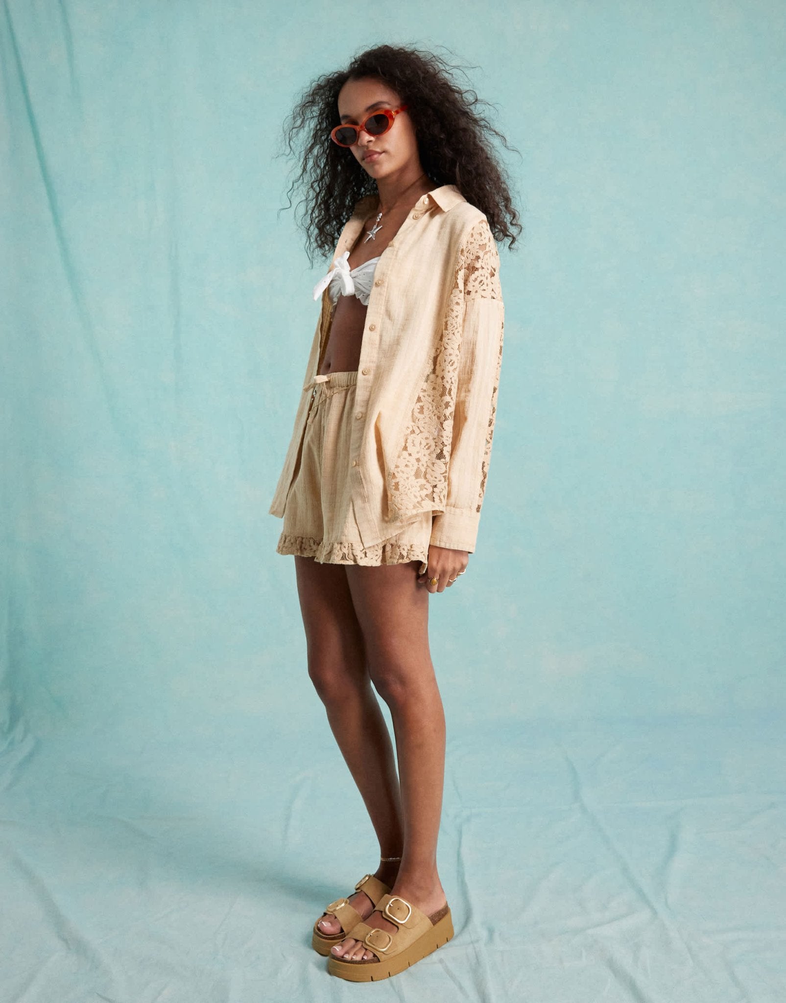 Miss Selfridge oversized lace mix shirt in beige co ord - ASOS Sample Sale EU Store