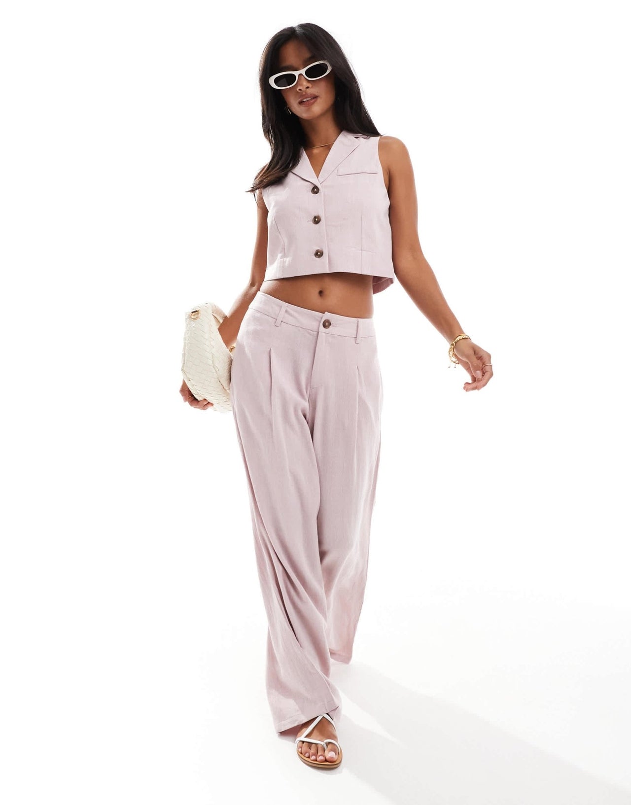 Miss Selfridge Petite linen blend button through waistcoat in soft pink - ASOS Sample Sale EU Store