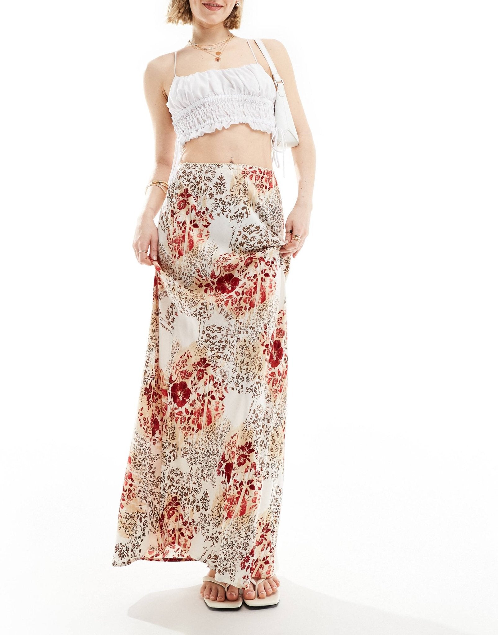 Miss Selfridge picot trim bias maxi skirt in patchwork print - ASOS Sample Sale EU Store