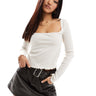 Miss Selfridge piqot trim square neck top in beige