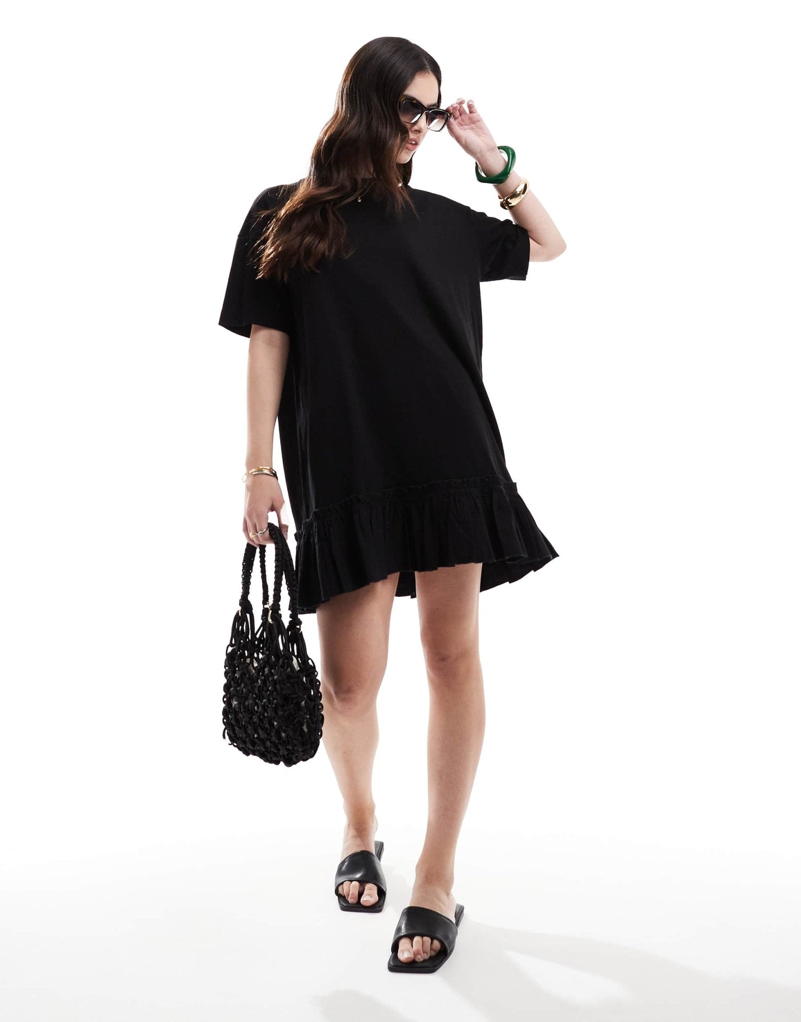 Miss Selfridge poplin frill detail t-shirt dress in black - ASOS Sample Sale EU Store