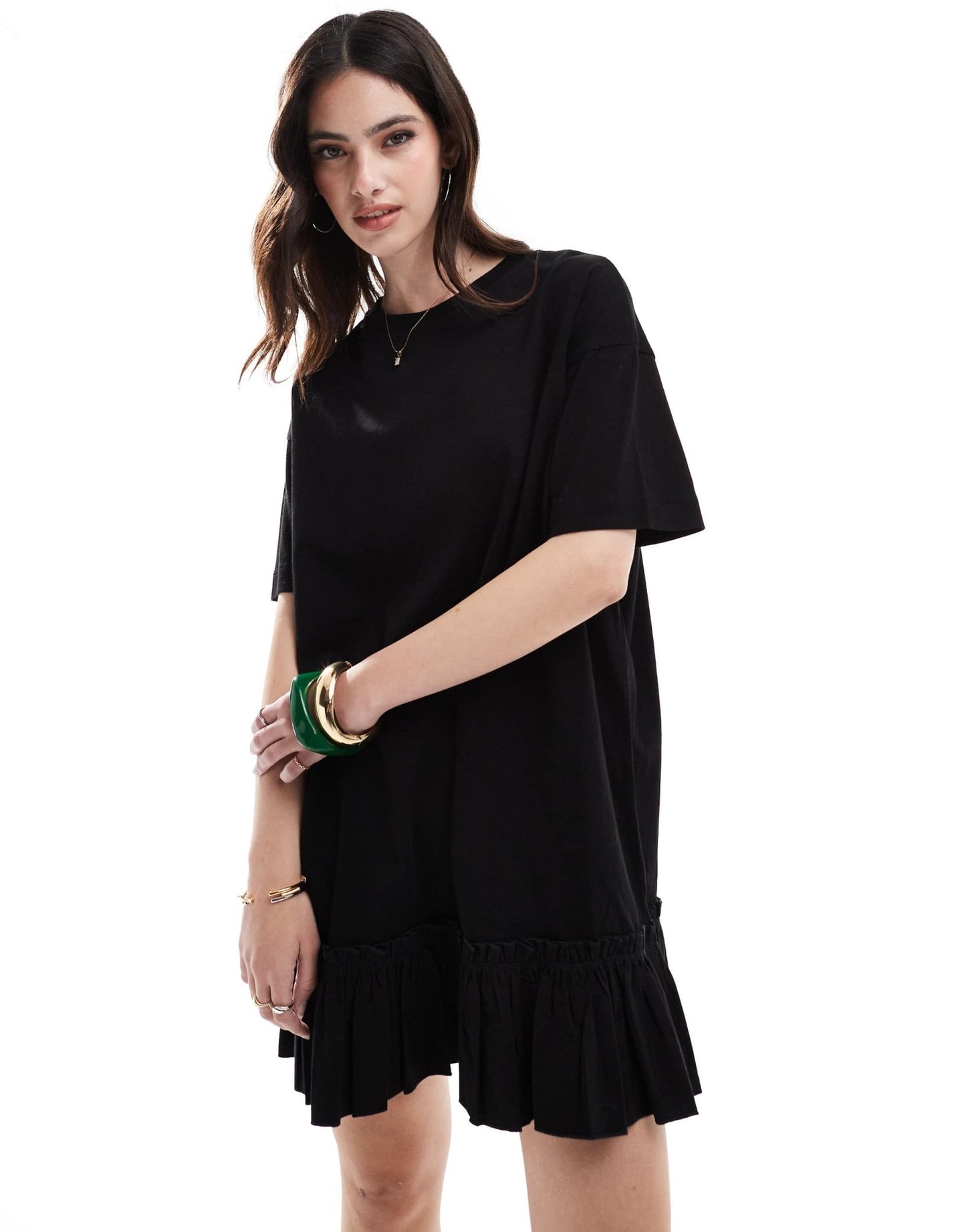 Miss Selfridge poplin frill detail t-shirt dress in black - ASOS Sample Sale EU Store