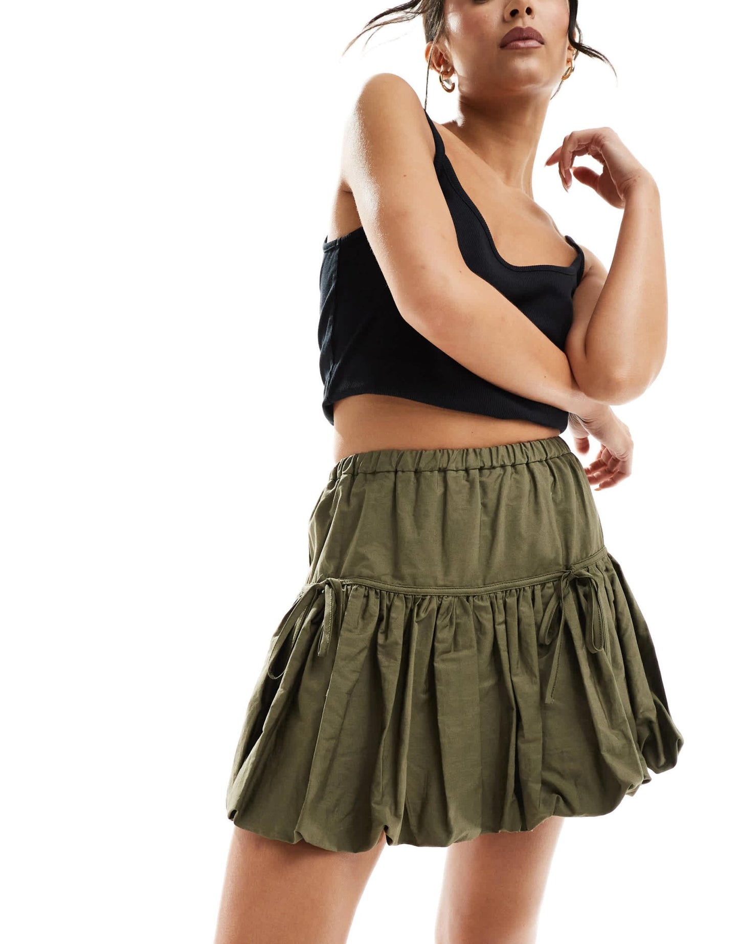 Miss Selfridge poplin puffball mini skirt in khaki - ASOS Sample Sale EU Store